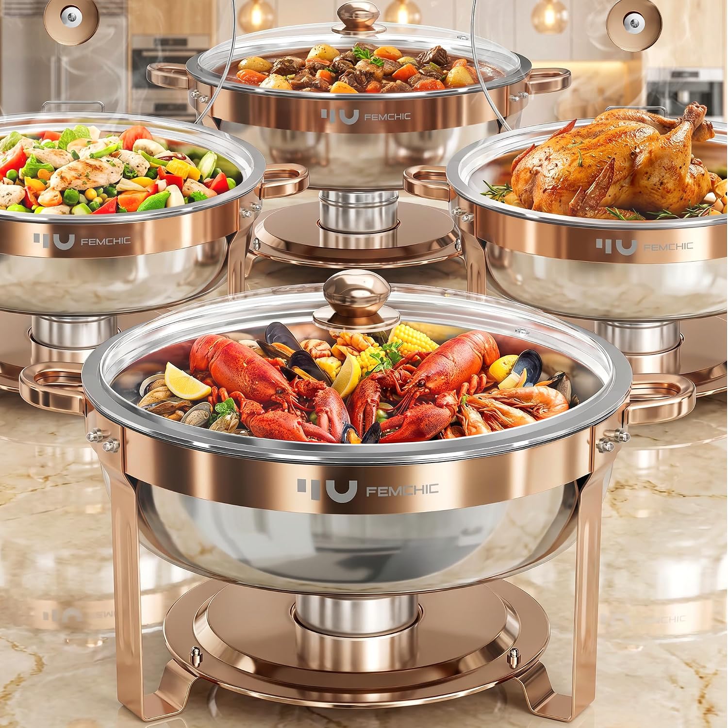 Rose Gold 4 Pack Chafing Dishes for Buffet, 6.5QT Round Stainless Steel Chafer with Glass Lid, Stackable Catering Food Warmers for Parties Buffet Catering Events Dinners