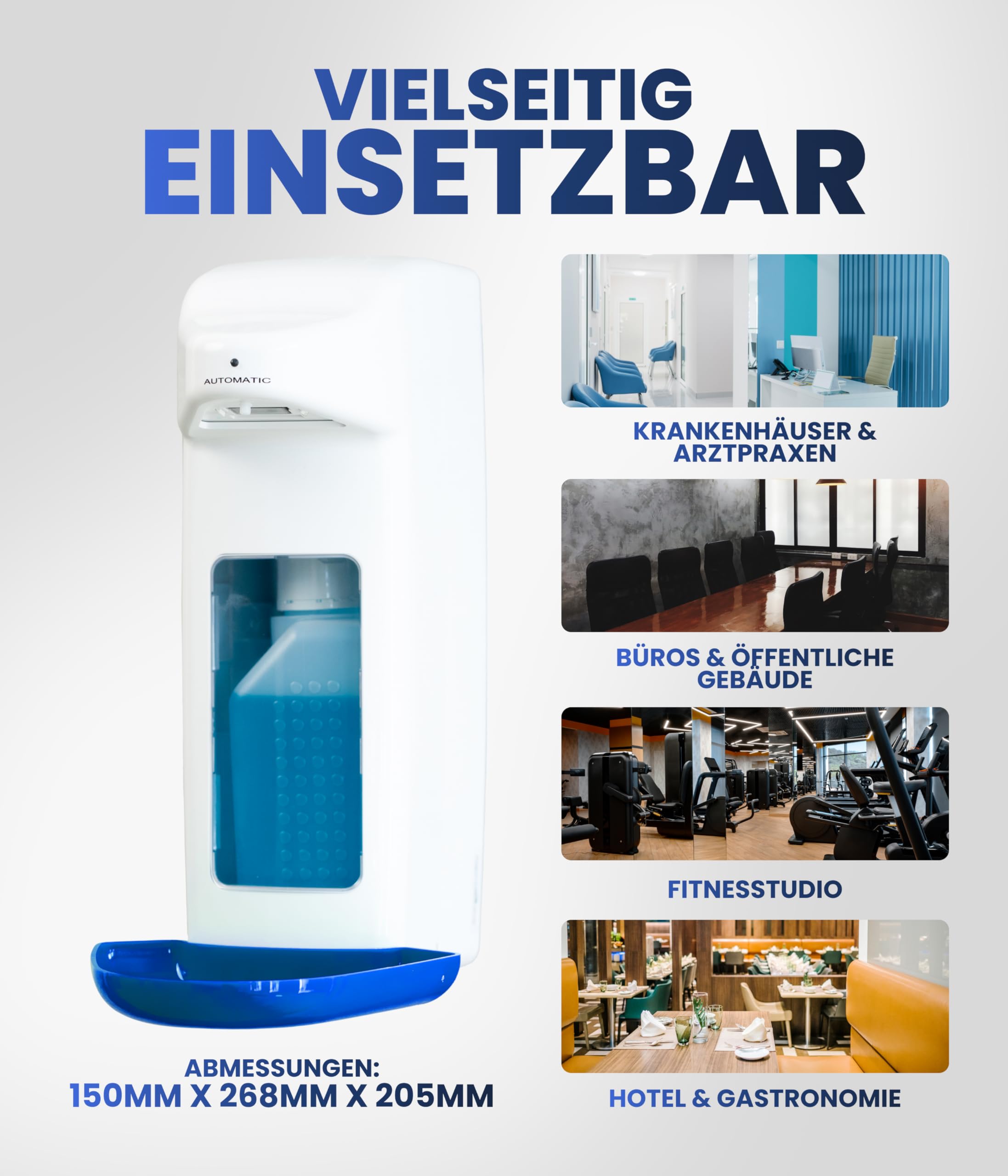 Distributore di disinfettante automatico per bottiglie europee, dispenser europeo e disinfettante con sensore, dispenser di sapone da parete e ricaricabile (bianco con blu, 500 ml)