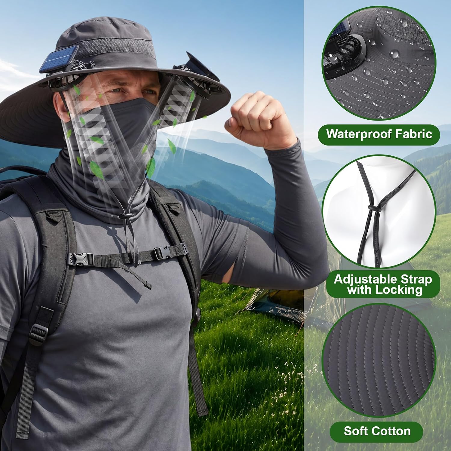 Syhood Solar Fan Hat with Cooling Neck Gaiter Sleeves Wide Brim Sun Hat USB & Solar Powered UPF 50 Sun Protection for Outdoor