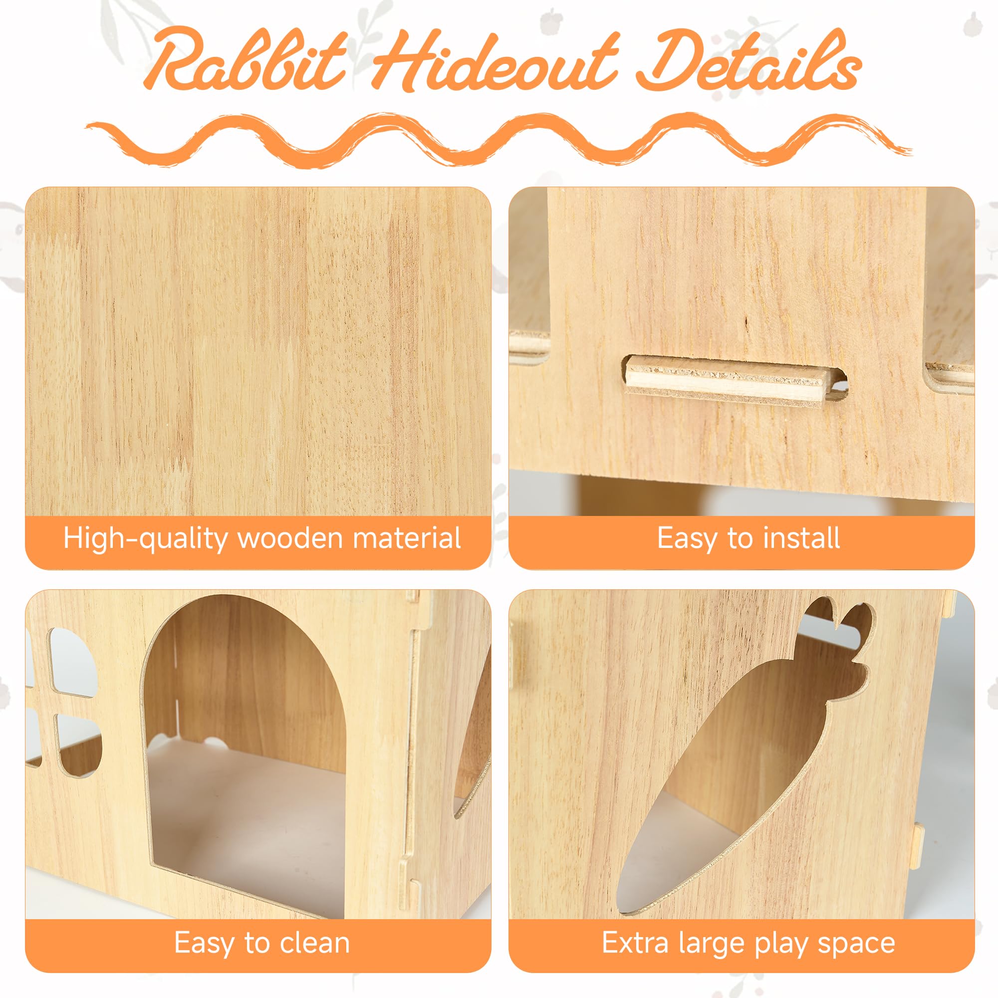 Wooden Rabbit House 40x30x30cm, Large Bunny Castle Detachable Rabbits Hideaway Playhouse - Image 4