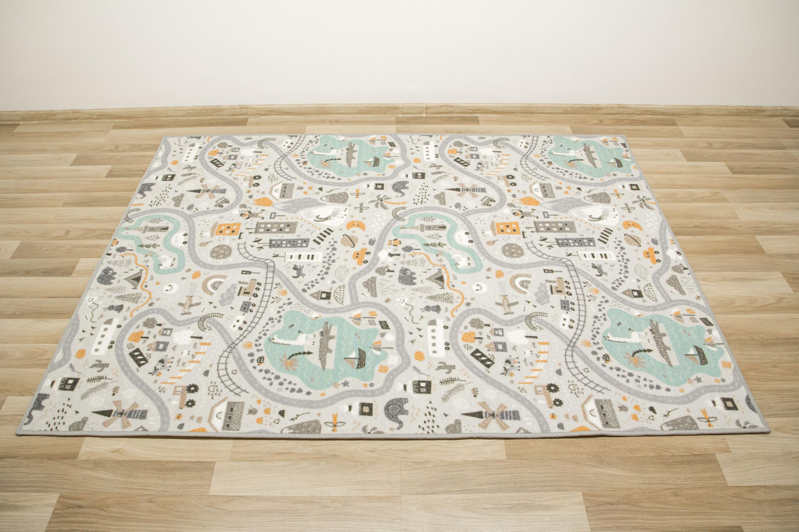 Kinderteppich Pastell Straßen Grau, Minze 200x250 cm Teppiche für EIN Kinderzimmer mit kurzem Flor, Teppich für einen Jungen, Mädchen, Kinderteppich, Kids Carpet, Schiffe, See