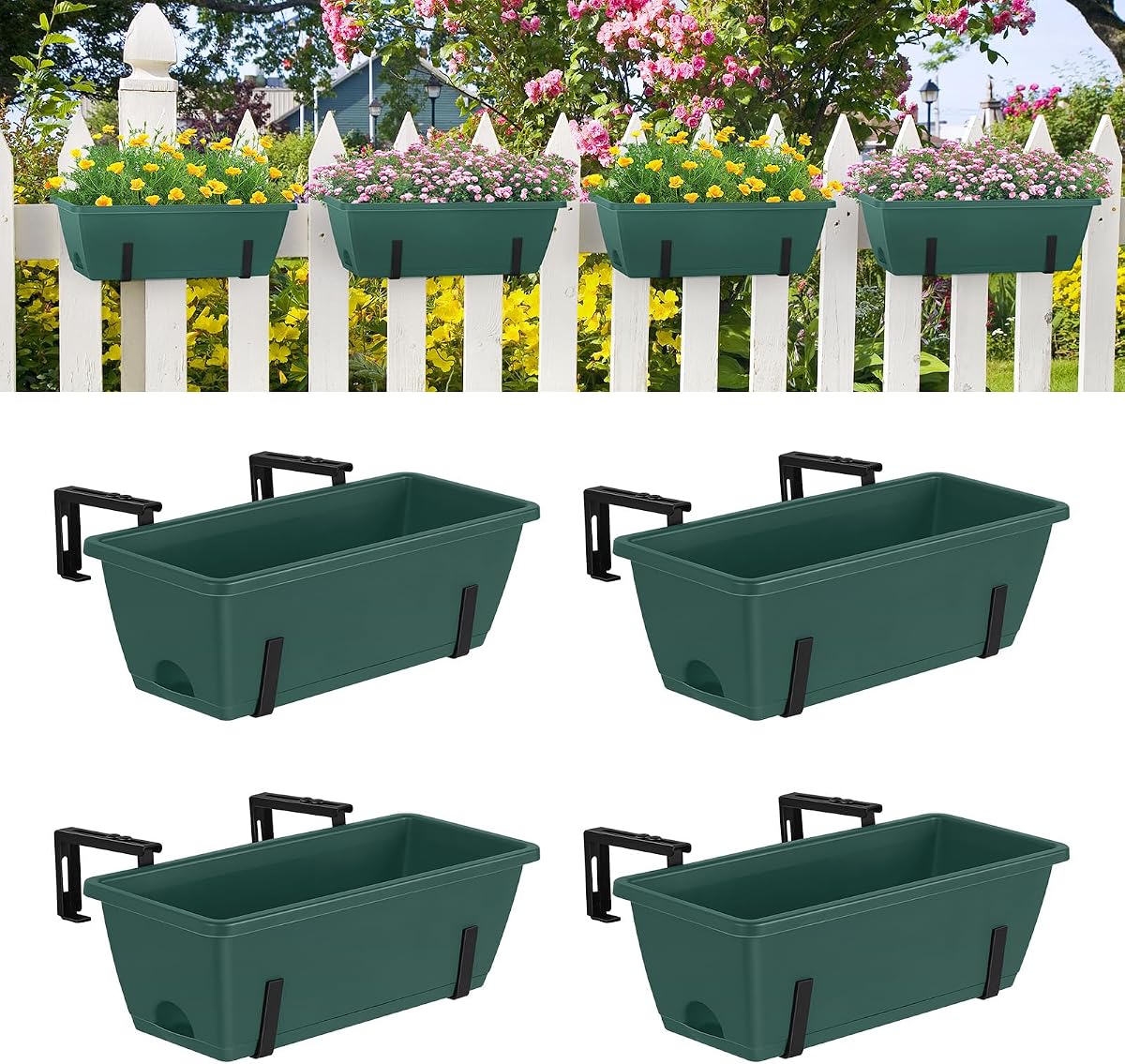 4 Pack Deck Railing Planter 17'' Balcony Fence Planters for Railing Hanging | Rectangular Window Boxes Planters with Adjustable Flower Box Brackets, Hanging Planters for Front Porch Patio Outdoor