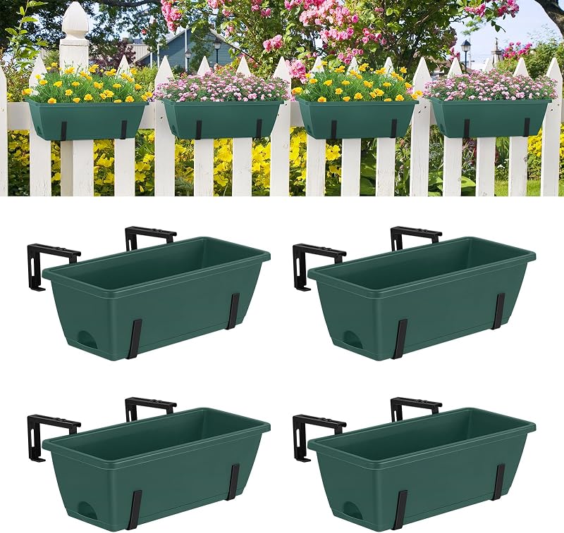4 Pack Deck Railing Planter 17'' Balcony Fence Planters for Railing Hanging | Rectangular Window Boxes Planters with Adjustable Flower Box Brackets, Hanging Planters for Front Porch Patio Outdoor