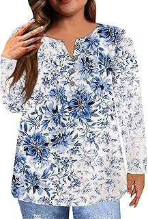 Casual Shirt for Women Floral Print Long Sleeve Shirts Women's Fall Winter Round Neck Button Pullover Tops Fashion Henley Shirts Ladies Loose Plus Size Sweatshirts Halloween Costumes for Women