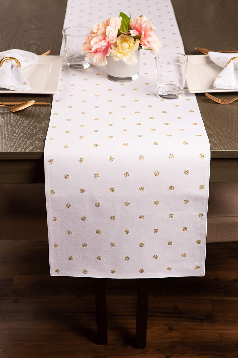 DII Polka Dot Kitchen Collection, Table Runner, 13x90, Metallic White/Gold Reversible