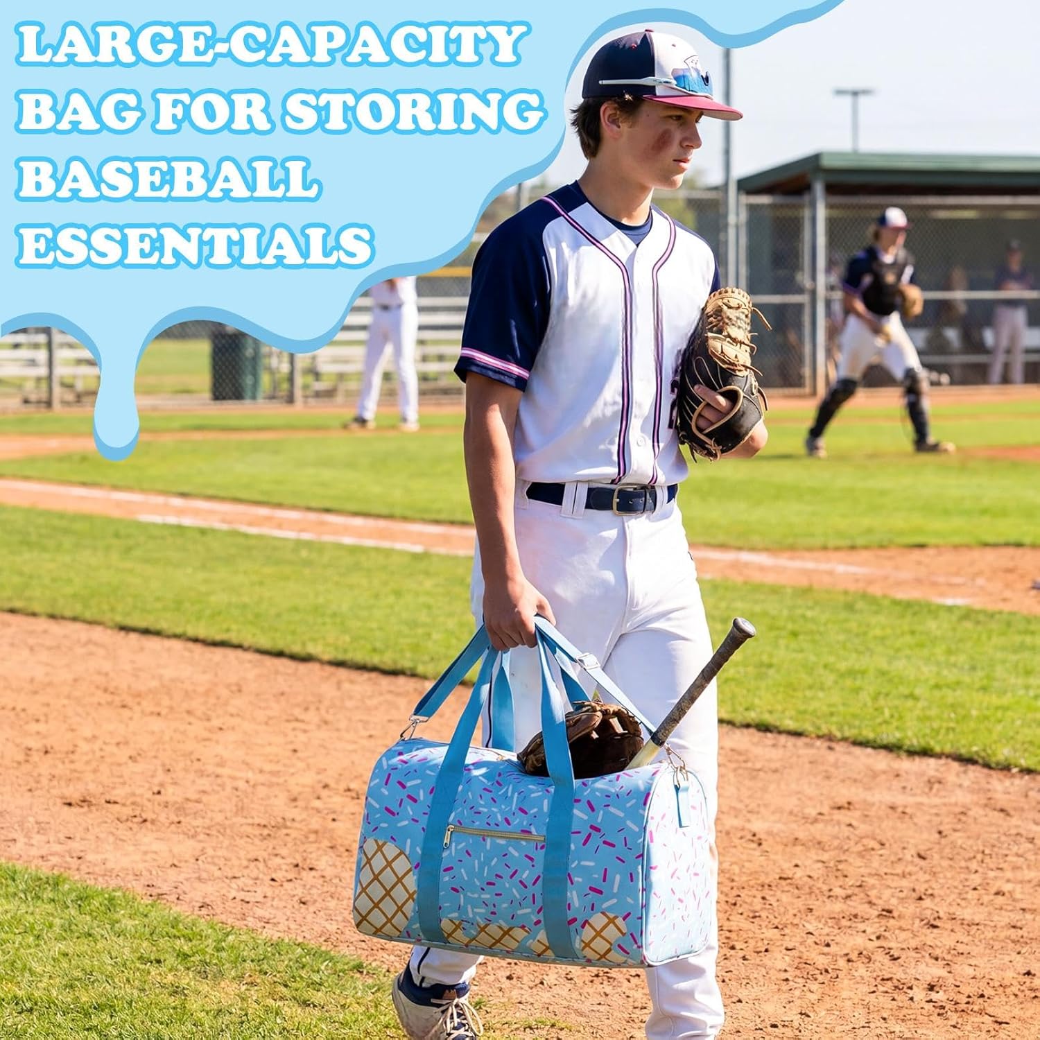 Ice Cream Drip Duffle Bag 18.5" Lightweight Waterproof Baseball Travel Bag with Adjustable Strap Sports Gym Tote for Back to School Essentials Workout Beach Trips