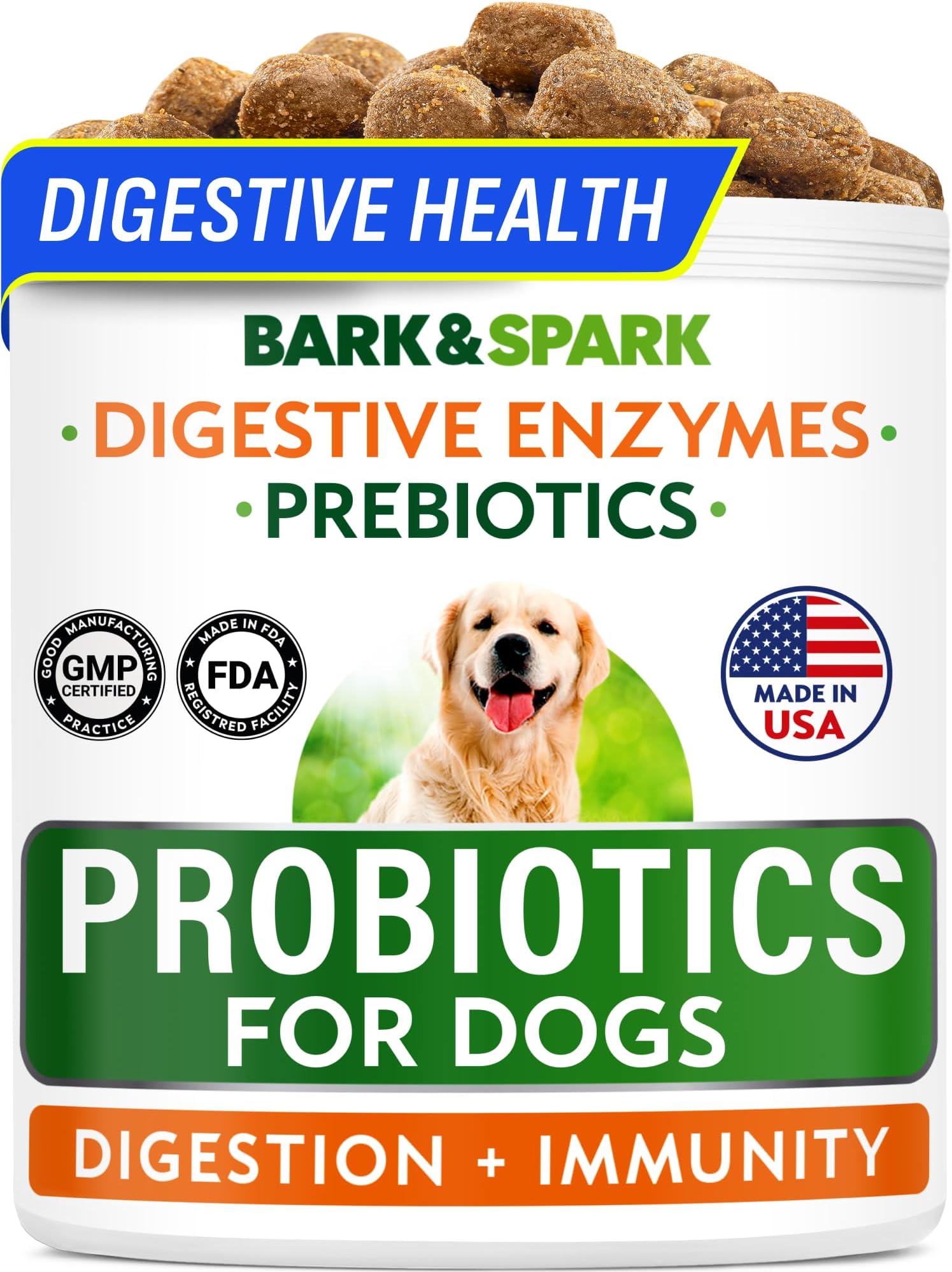 Bark&Spark Dog Probiotics & Digestive Enzymes (Gut Health) Allergy & Itchy Skin - Pet Diarrhea Gas Treatment Upset Stomach Relief, Digestion Health Prebiotic Supplement Tummy Treat (120Ct Chicken)