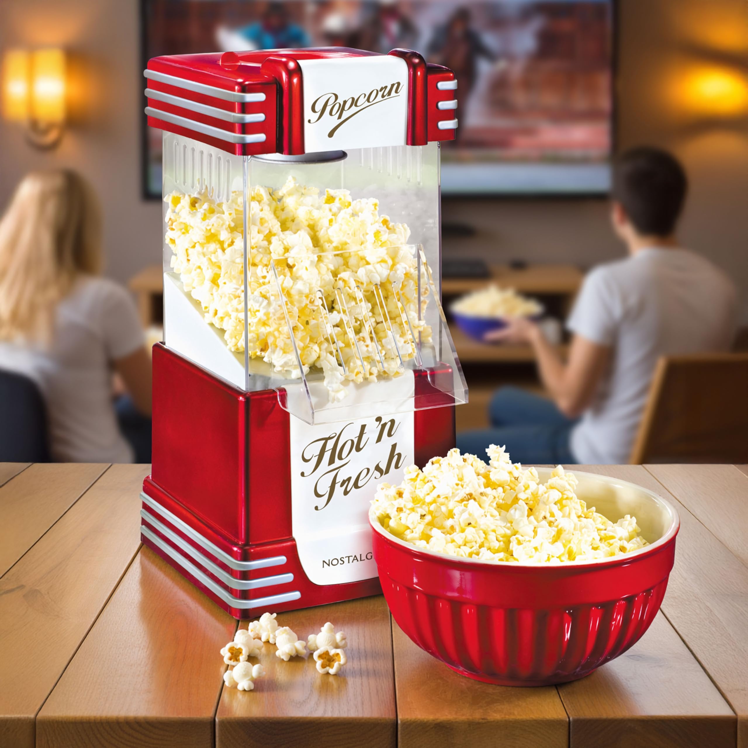 Nostalgia Macchina per popcorn ad aria calda retrò, 12 tazze senza olio, piano di lavoro con misurino, snack sani e serate cinematografiche, rossa