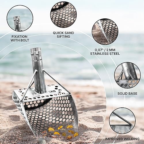 Miniatura 2 de CKG Cucharas de arena para playa, detección de metales, acero inoxidable, pala de detección de metales, caza del tesoro bajo el agua, accesorios