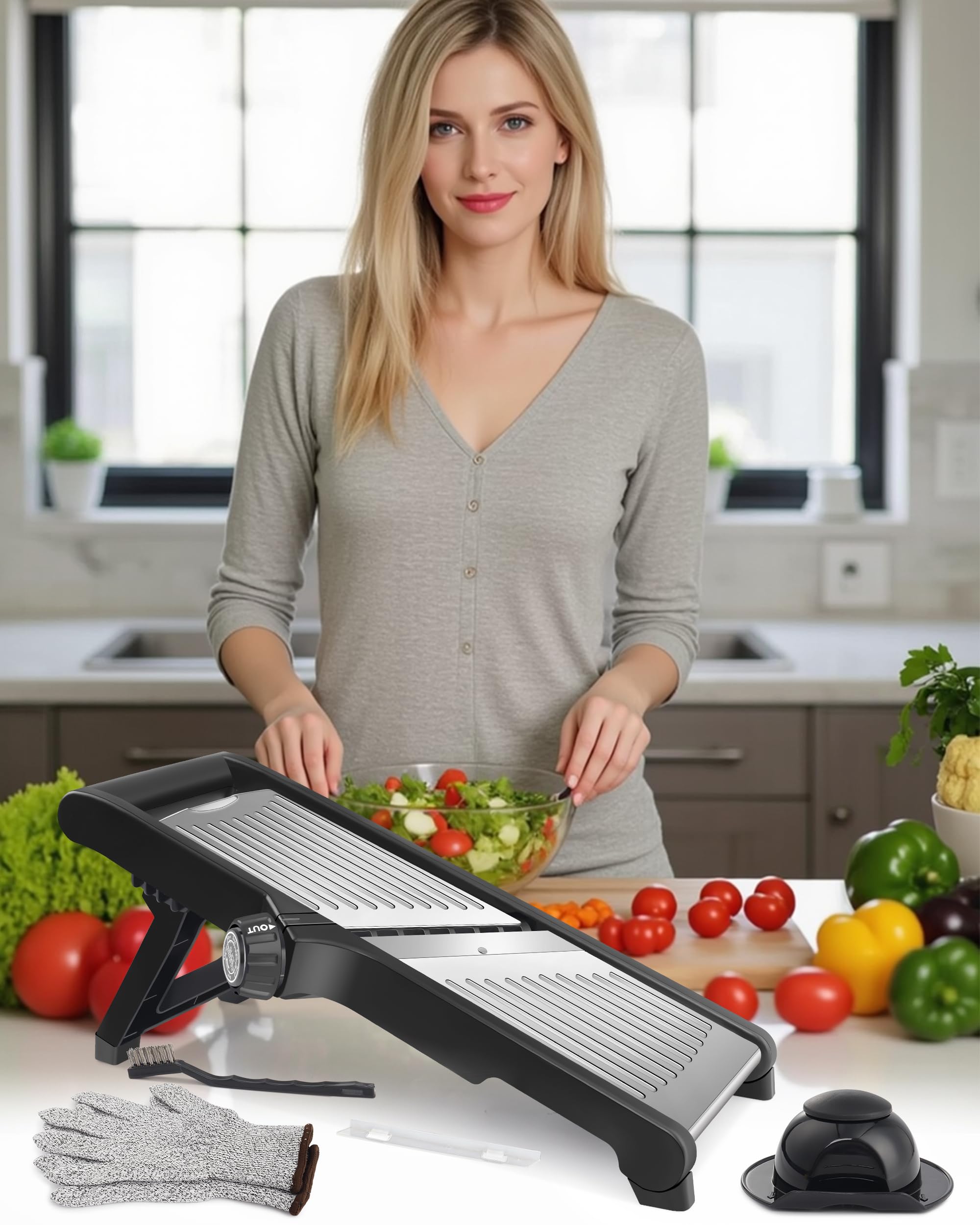 Affettatrice mandolino 5 in 1, regolabile in acciaio inox, taglierina vegetale, affettatrice pomodoro, taglierina frutta e onione, inclusi guanti resistenti