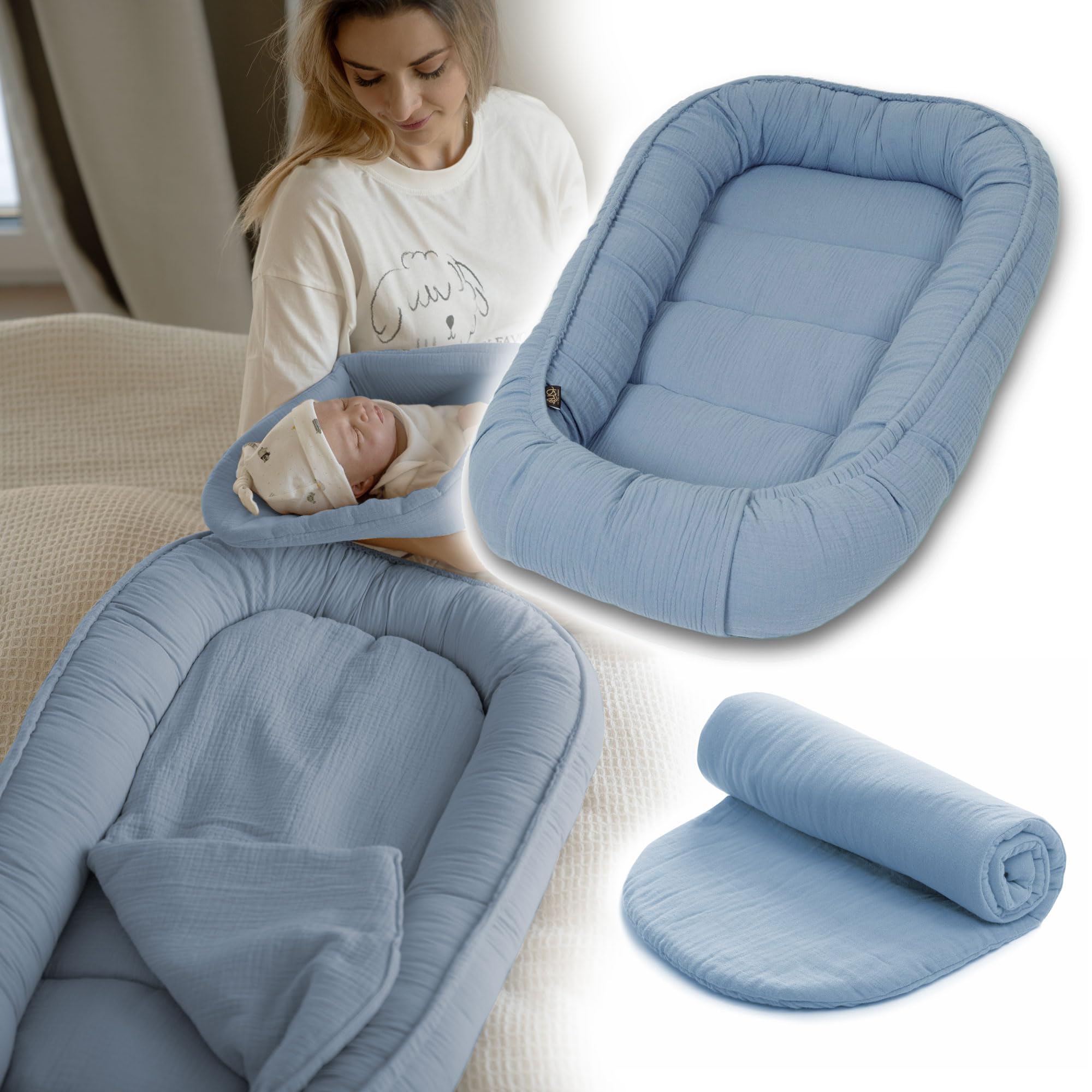 PaLulli® Baby Nestchen 100x60cm – Weiches Musselin-Babynest mit Matratze | Schlafnest, Kokon, Reisebett für Neugeborene | 100% Baumwolle (Blau)