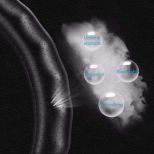 Miniatura 9 de Haokay Funda de volante de piel de vaca pura, funda de volante de cuero genuino negro para hombres y mujeres, universal de 14.5 a 15 pulgadas