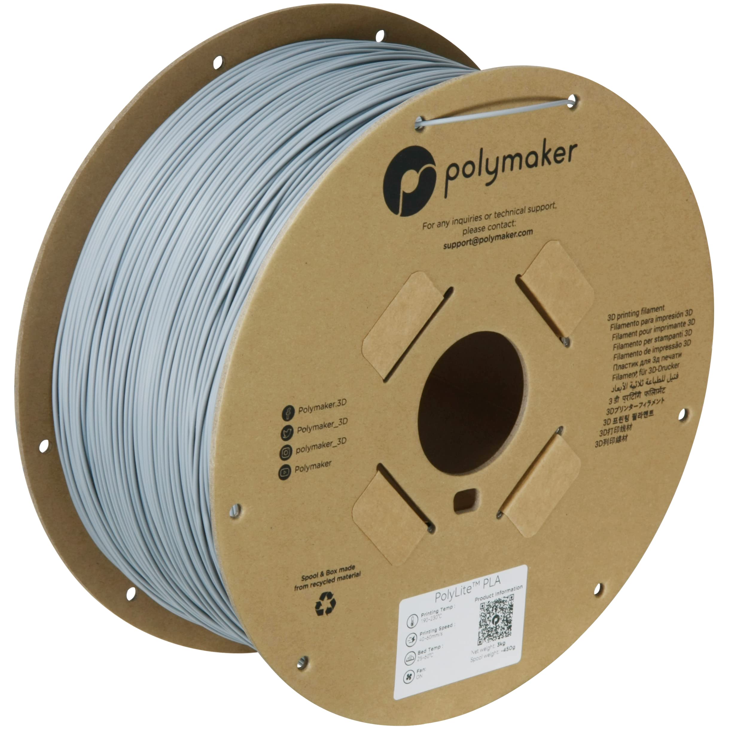 Polymaker PLA Filament 1.75mm Grey 3KG Spool, Neatly Wound