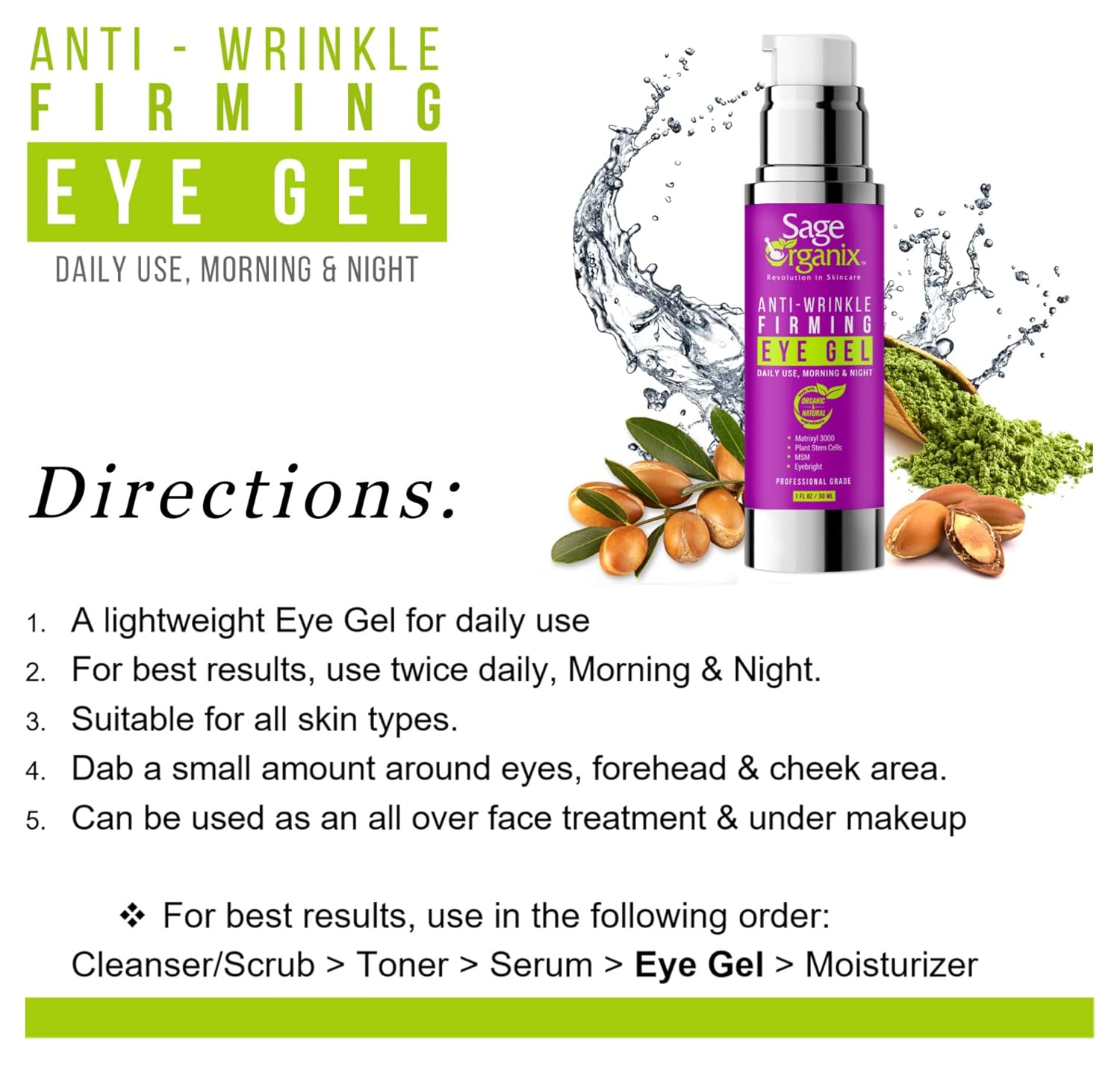 Sage Organix Lifting Firming Eye Gel Serum, 75% Organic Under Eye Serum for Dark Circles, Wrinkles, Puffy Eyes, Under Eye Bags, Depuffing Eye Serum + Plant Stem Cells, Matrixyl 3000, 1.0 oz : Beauty & Personal Care