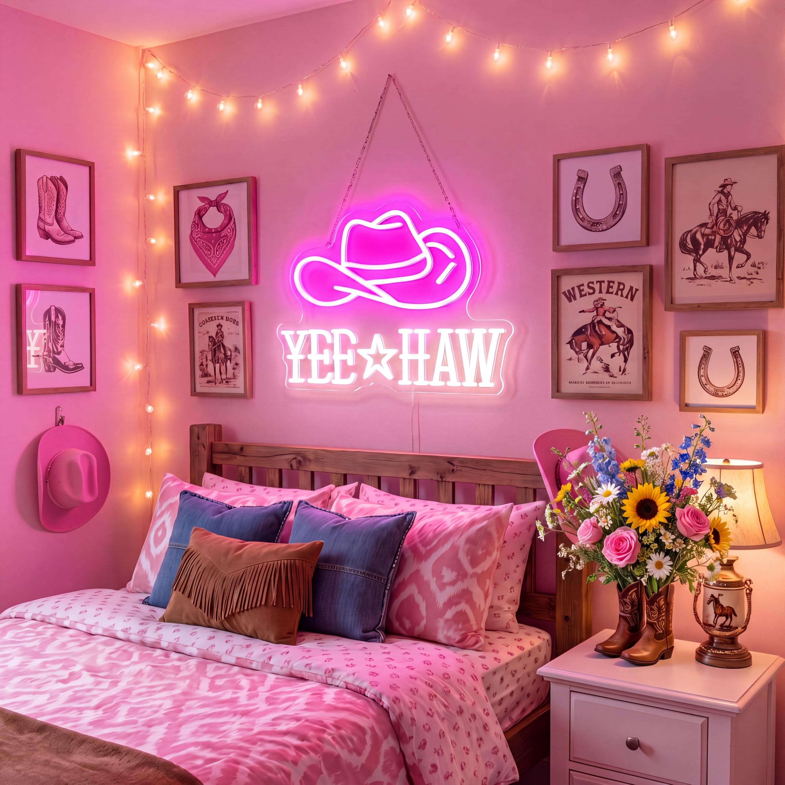 Zhengmy Yee Haw Western Party Neon Sign for Wall Decor USB Powered for Hot Night Parties Supplies Battery Powered Alphabet Letter Happy Party LED Light for Yee Haw Western Theme Night Backdrop Decor — image 1