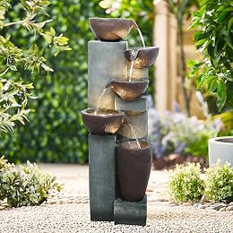 monadecor 56.6" H 6-Tier Outdoor Water Fountain with LED Lights - Cascading Jars Waterfall Feature with Tribal-Inspired Design for Garden, Patio, Yard, and Home Décor