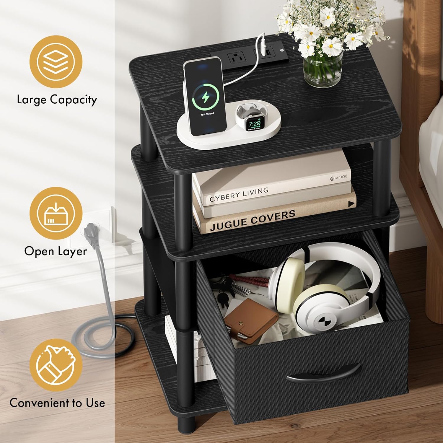 Bedroom Nightstand with Charging Station, Bedside Table with Adjustable Fabric Drawer, 3-Tier Night Table, 2-Min Installation Without Tools, Bedroom Side Table, Black