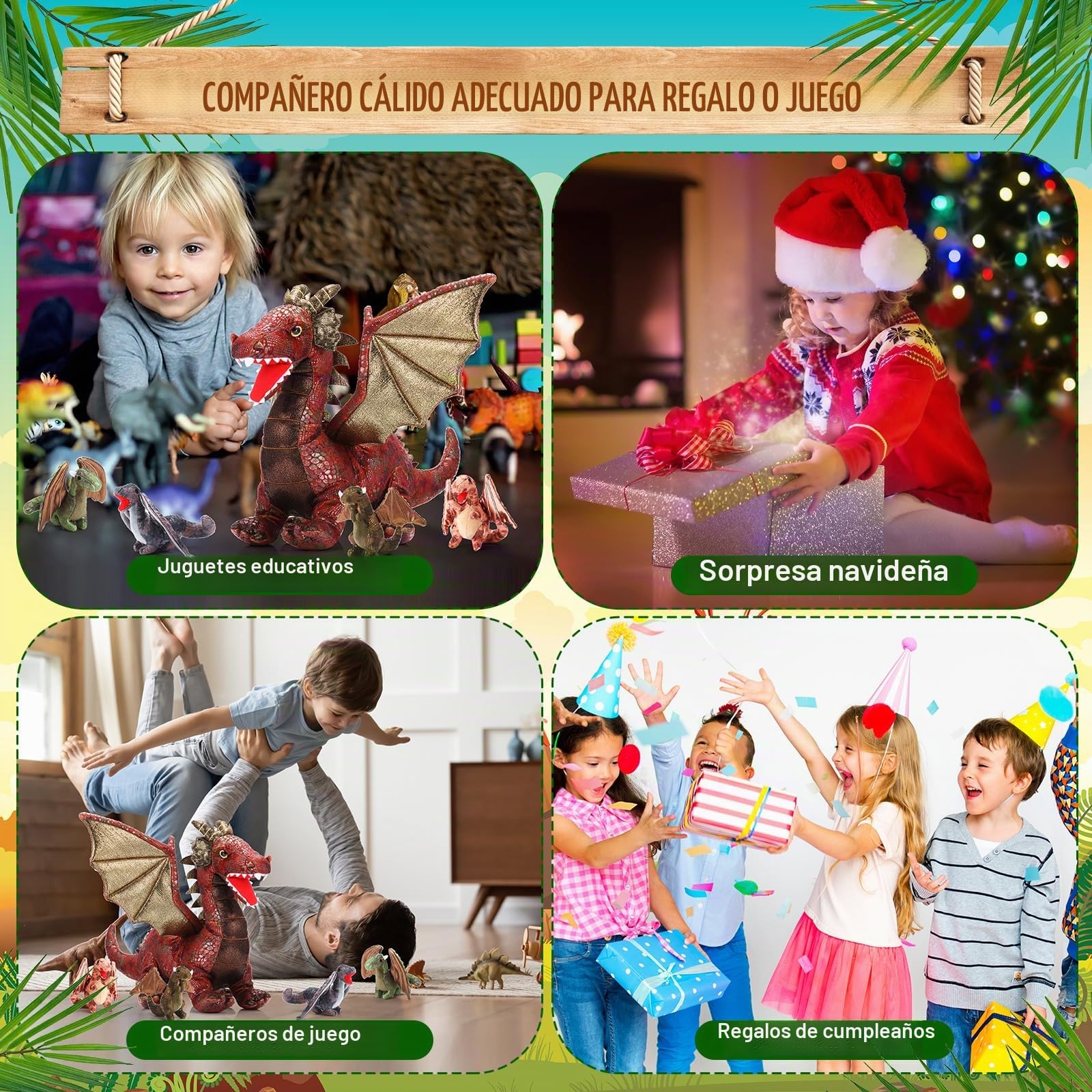 Set de 7 Juguetes de Dragón, Dragón de Peluche Grande de 40 cm con 4 Simpáticos Bebés de Peluche y 2 Huevos para Regalos de Cumpleaños de Adolescentes (Estilo Retro)