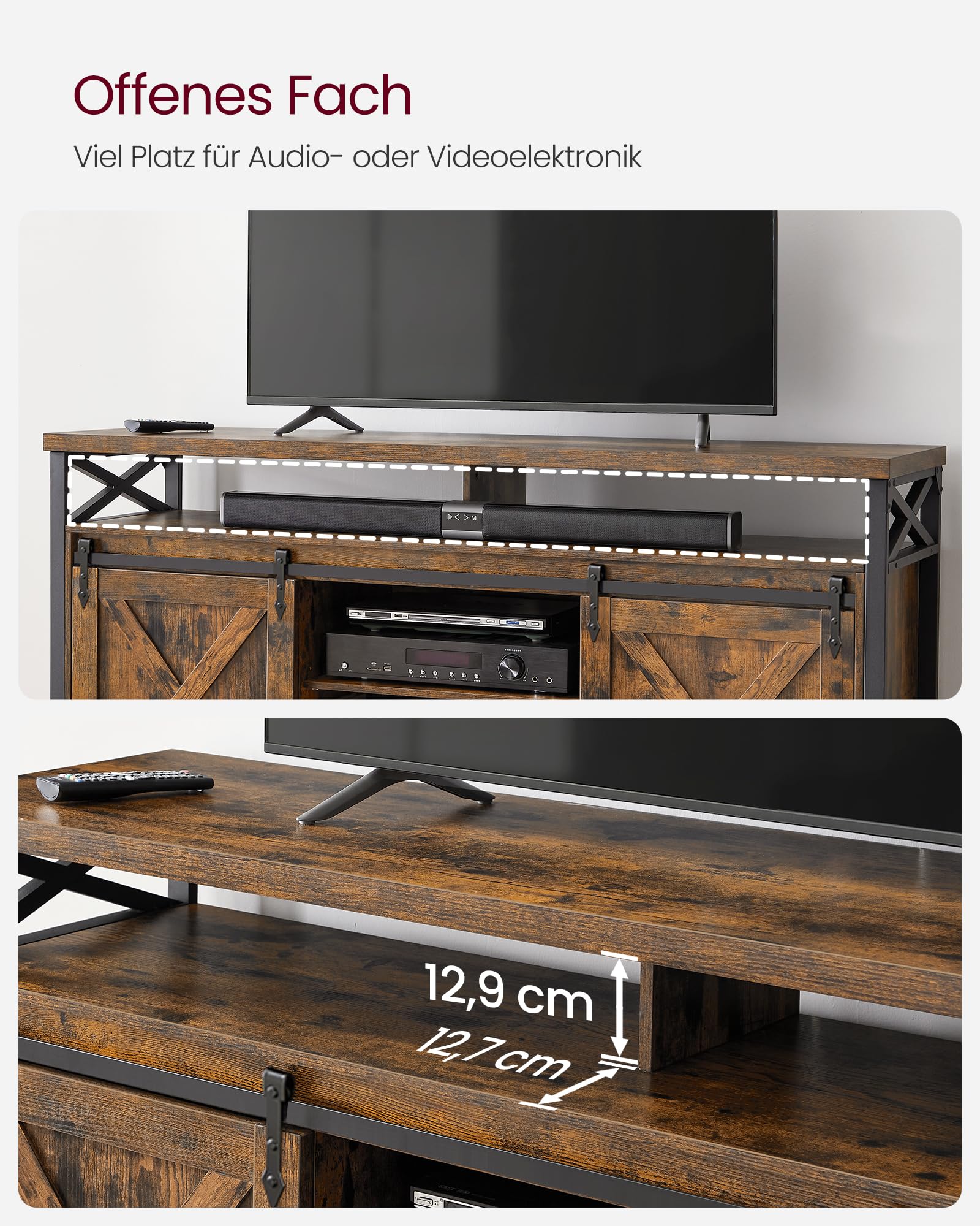 VASAGLE TV-Schrank, Lowboard für Fernseher bis zu 65 Zoll, mit verstellbaren Ablagen, rustikale Tür, Landhausstil, Metallgestell, vintagebraun-schwarz LTV071B01