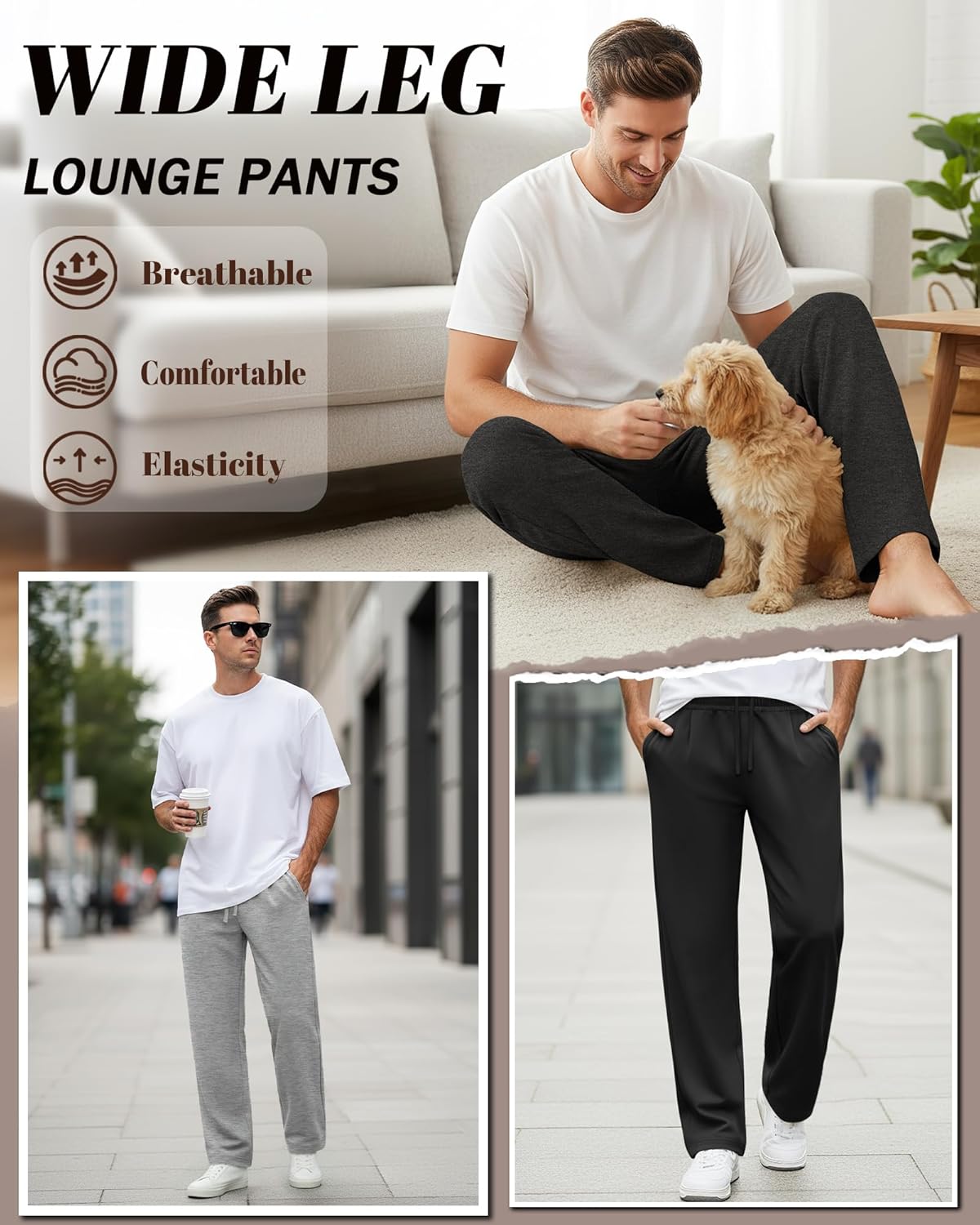 Neer 3 Pack Men's Drawstring Sweatpants Open Bottom Joggers Workout Athletic Tall Lounge Pants Wide Leg with Pockets(Black, Dark Heather Gray, Light Heather Gray,XX-Large) - Image 5