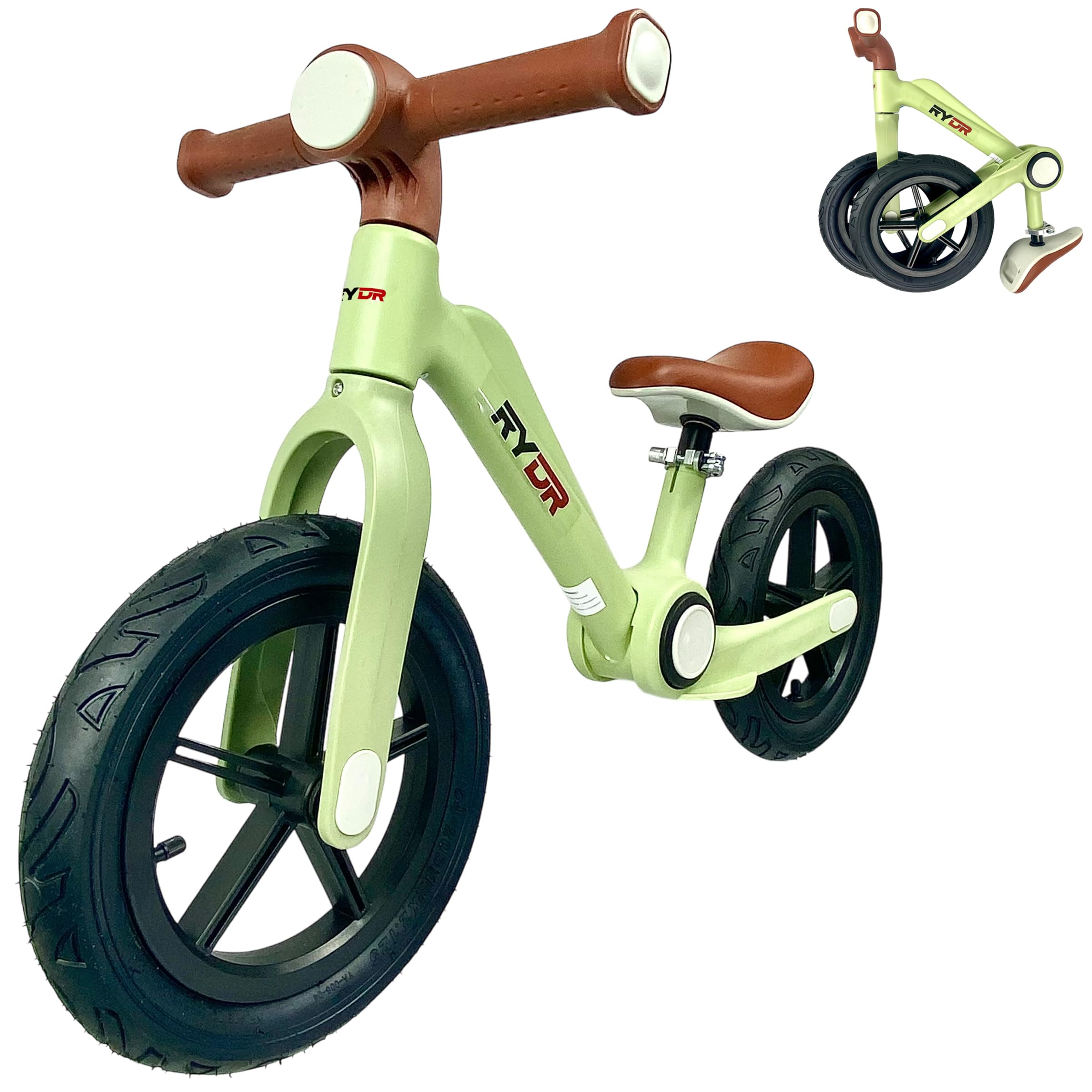 RYDR Folding Balance Bike for 2-6 Year Olds, Lightweight 12” Toddler Bicycle with Adjustable Seat, No Pedals for Walking & Balance Training, Indoor & Outdoor Use, Portable First Bike for Kids (Green)
