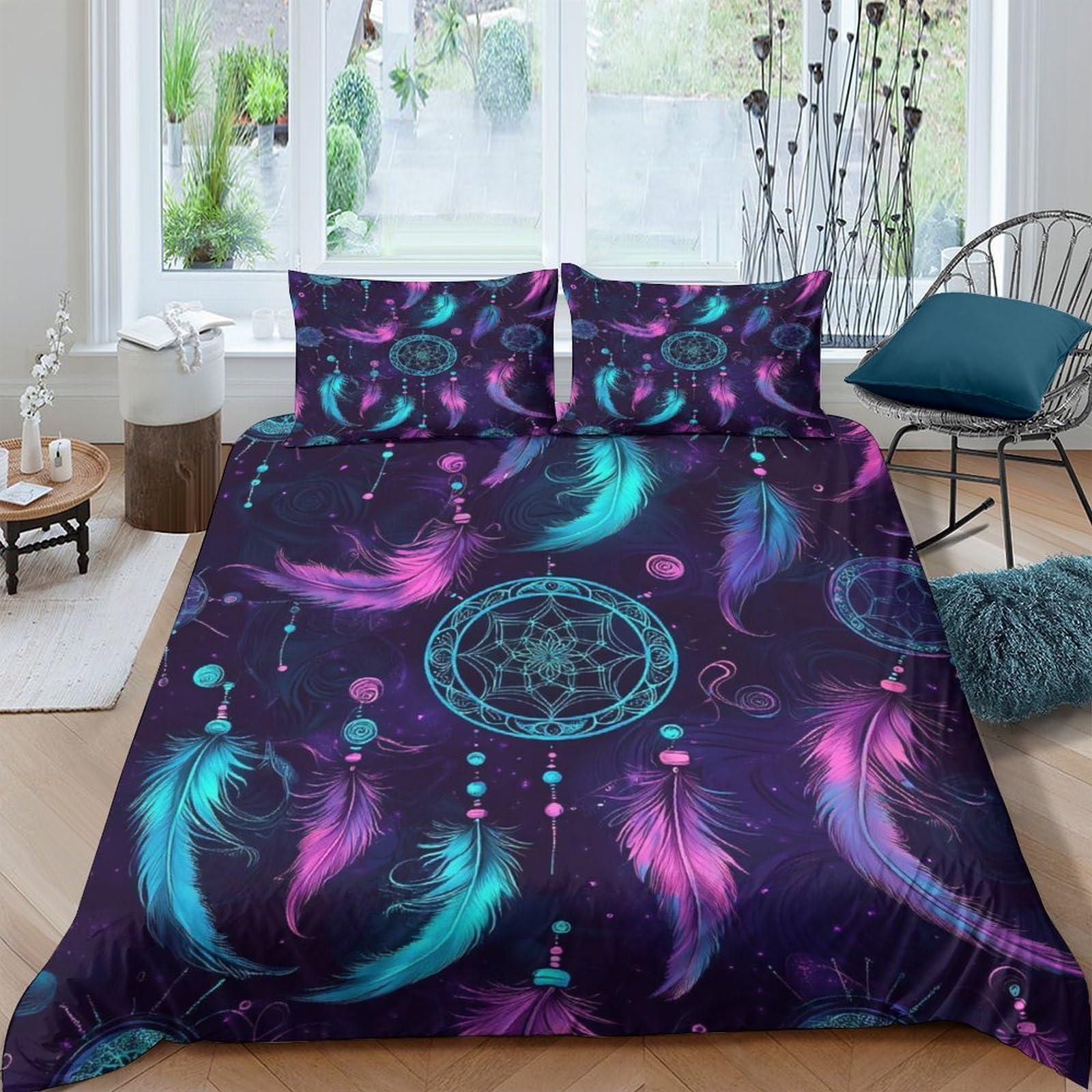 Ctjqhvkz Style-8 3D Printed Dreamcatcher Feather Fitted Sheet Microfiber Soft Purple Blue Mattress Cover For Bedroom Dorm Decor Single（135X200cm）