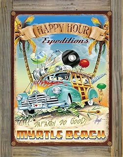 Northwest Art Mall Myrtle Beach South Carolina Happy Hour Expedition Rustic Metal Print on Reclaimed Barn Wood from Illustration by Artist Jim Mazzotta 8.5" x 11.5"