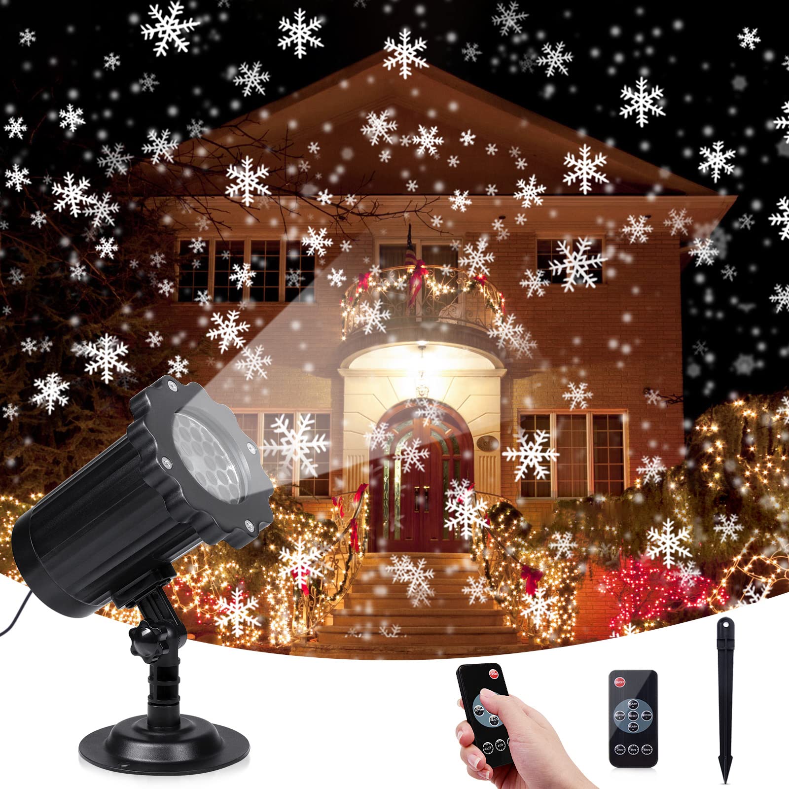 Christmas Projector Lights, LED Snowflake Projector Lamp with Remote Control, IP65 Waterproof Projection Lights with Beautiful Snowflake for Indoor Outdoor Decoration