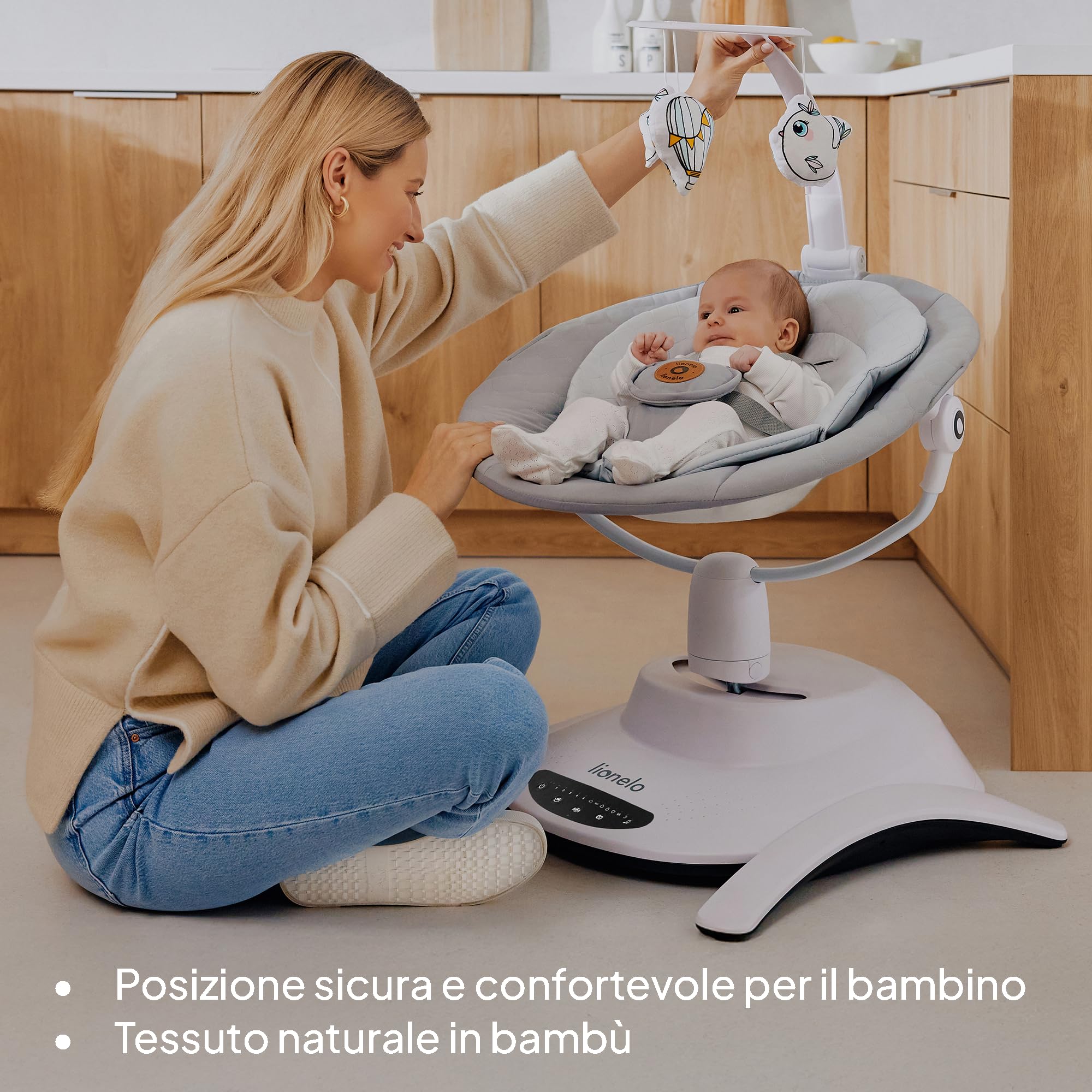 Lionelo Sdraietta Elettrica e Culla lettino BELLA SET 2in1 per Neonati, Girevole 360°, 6 Movimenti di Dondolio, 12 Melodie, Telecomando, Cinture di Sicurezza, Materasso in Schiuma T2, fino a 9kg