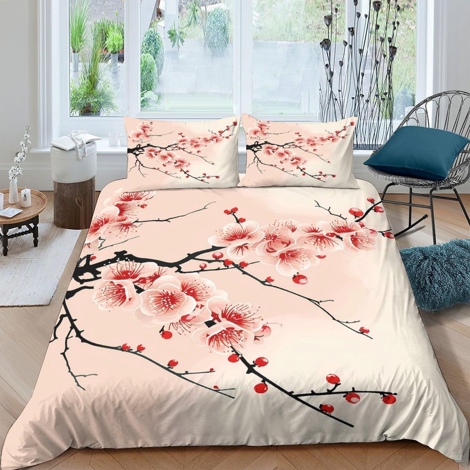Ctjqhvkz Style-3 3D Printed Plum Blossom Fitted Sheet Microfiber Soft Decorative Cherry Branch Bed Cover For Bedroom Guest Room Protection Single（135X200cm）
