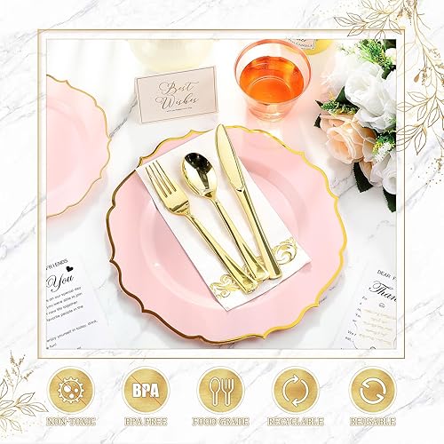 Miniatura 7 de Juego de vajilla de plástico de 700 piezas, 200 platos, 300 cubiertos, 100 tazas, 100 servilletas de papel, 100 platos desechables de fiesta,