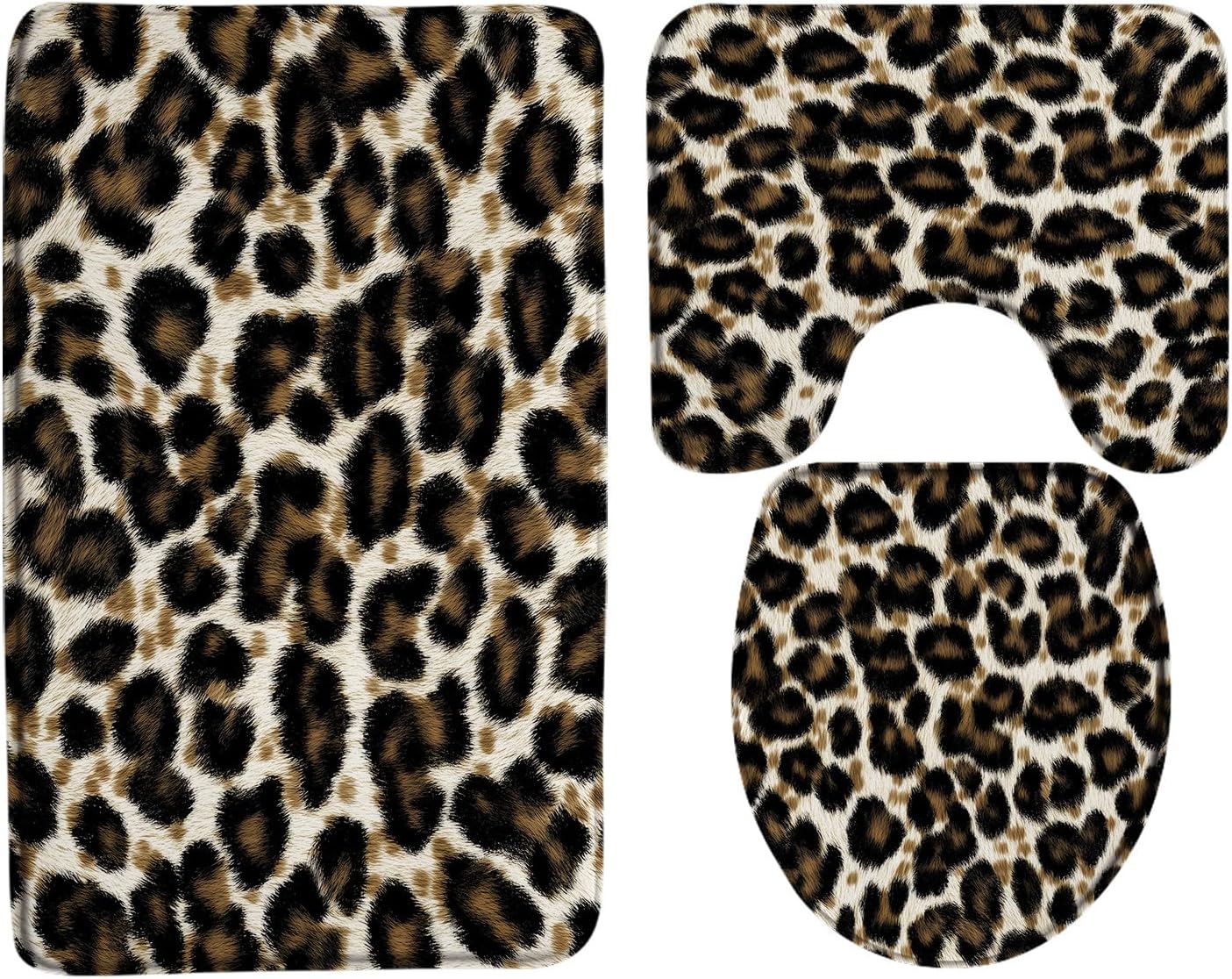 Leopard Print Bath Mat Cheetah Wild Safari Skin Powerful Animal Big Cat Panthera Wildlife Fur Modern Art 3 Piece Bathroom Mat Rug Sets,17.8"x29.5"Bath Mat,Toilet Seat Cover, U-Shaped Toilet