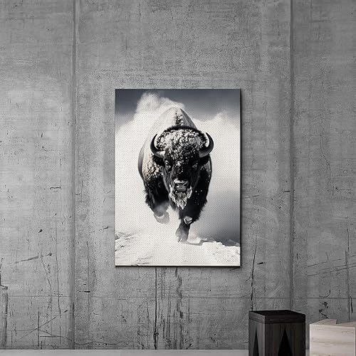Miniatura 6 de Framed Canvas Print Wall Art Black White Bison Buffalo Landscape Animals, Wildlife Digital Art Realism, Decorative Rustic Relax Calm for Living