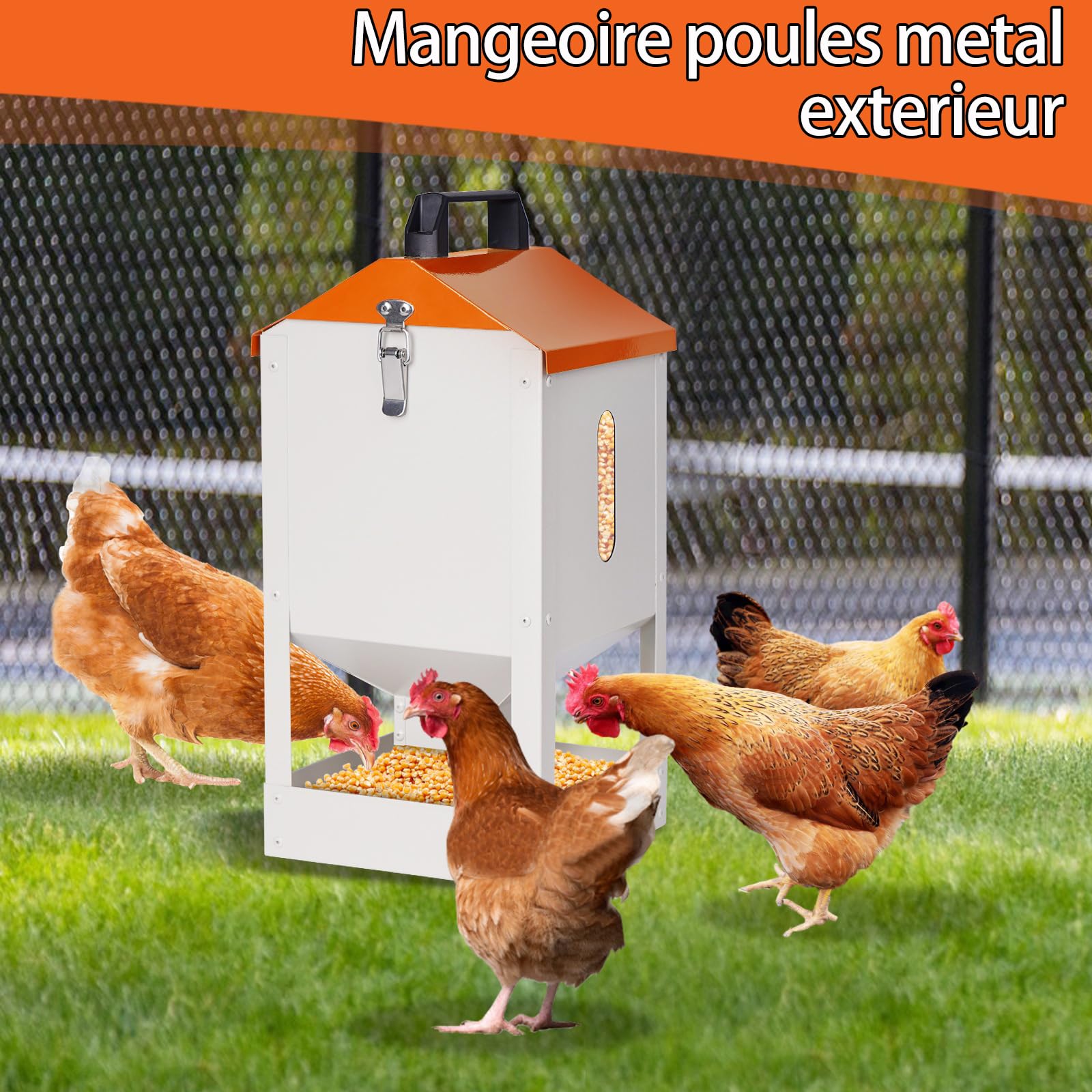 8KG Mangeoire Pour Poules Metal, Distributeur Automatique Graines Poules, Avec Couvercle Et Poignée, Distributeur D’Aliments Pour Volaille Pour Poulets, Canards, Oiseaux