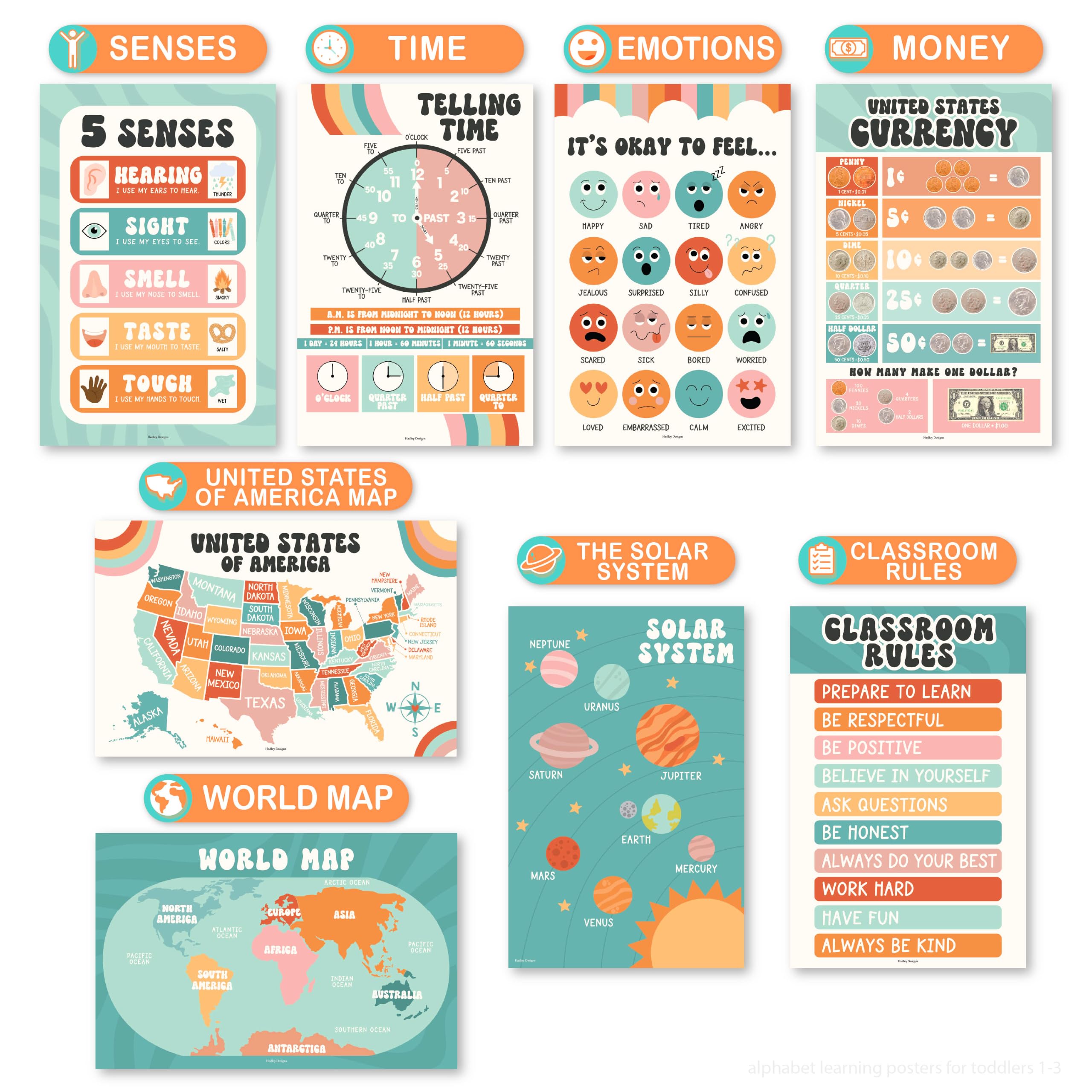 Hadley Designs Lot de 16 affiches éducatives pour les incontournables de la salle de classe – Affiches laminées pré-maternelles pour les tout-petits et les activités d'apprentissage préscolaire