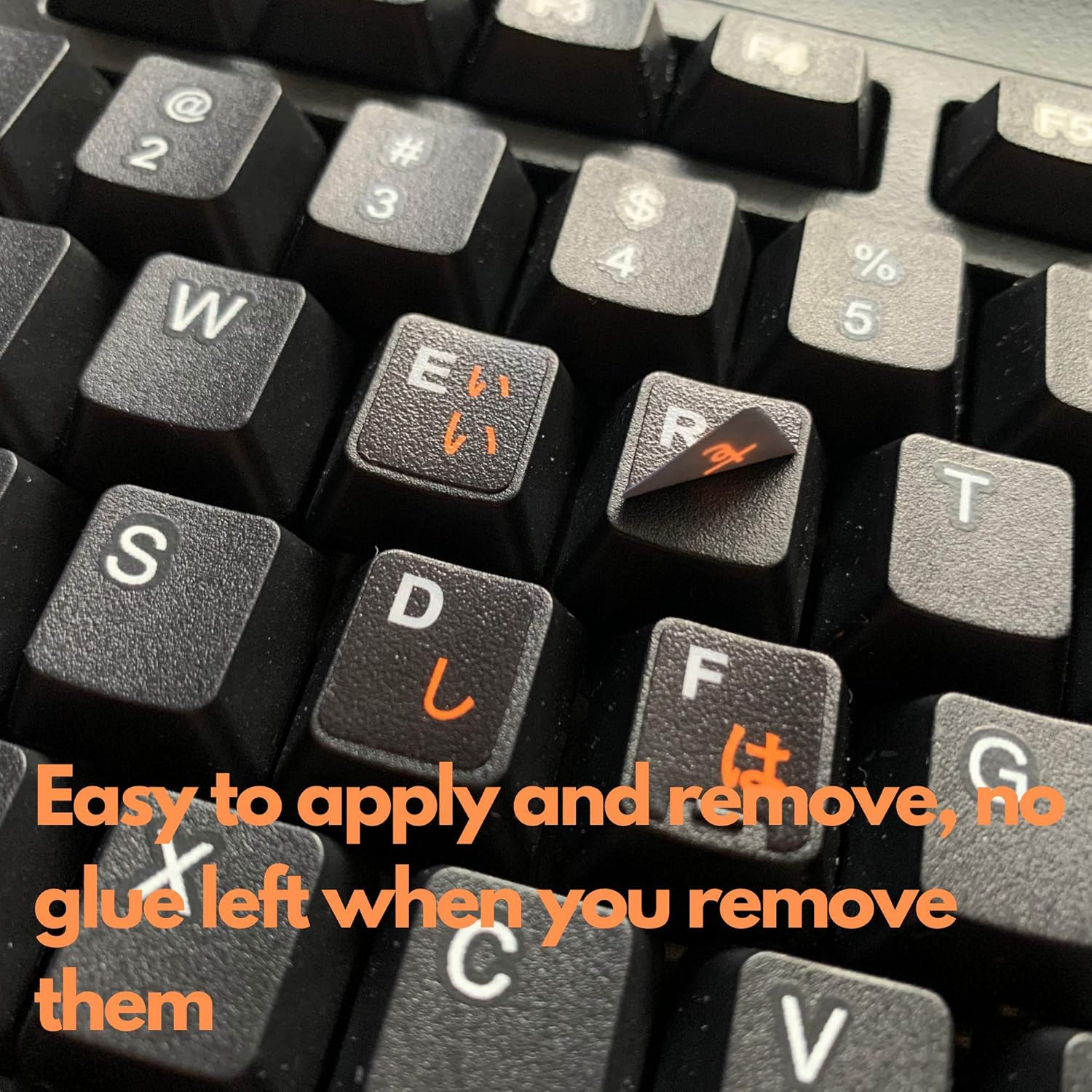 H&R 2PCS Japanese Keyboard Stickers, Waterproof, Orange Lettering, Non-Transparent Black Background