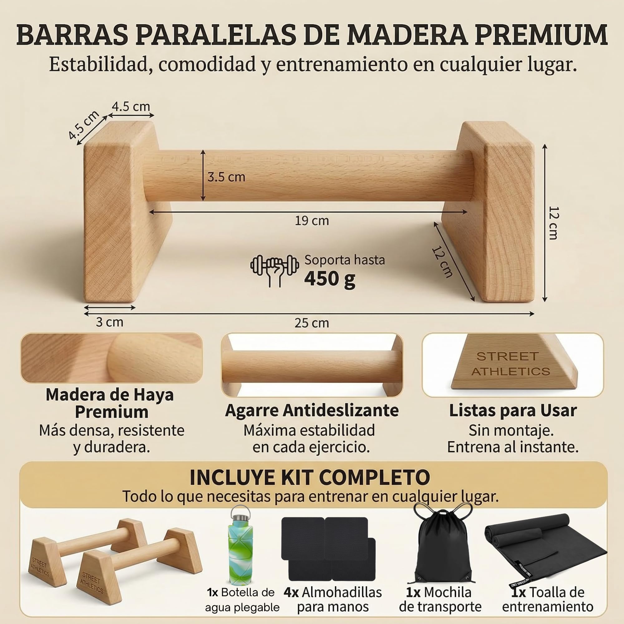 Parallèles callisthénie en bois massif - Barres parallèles antidérapantes 300 kg - Parallettes professionnelles pour pompes, fonds, Handstand - Support d'entraînement en intérieur et extérieur