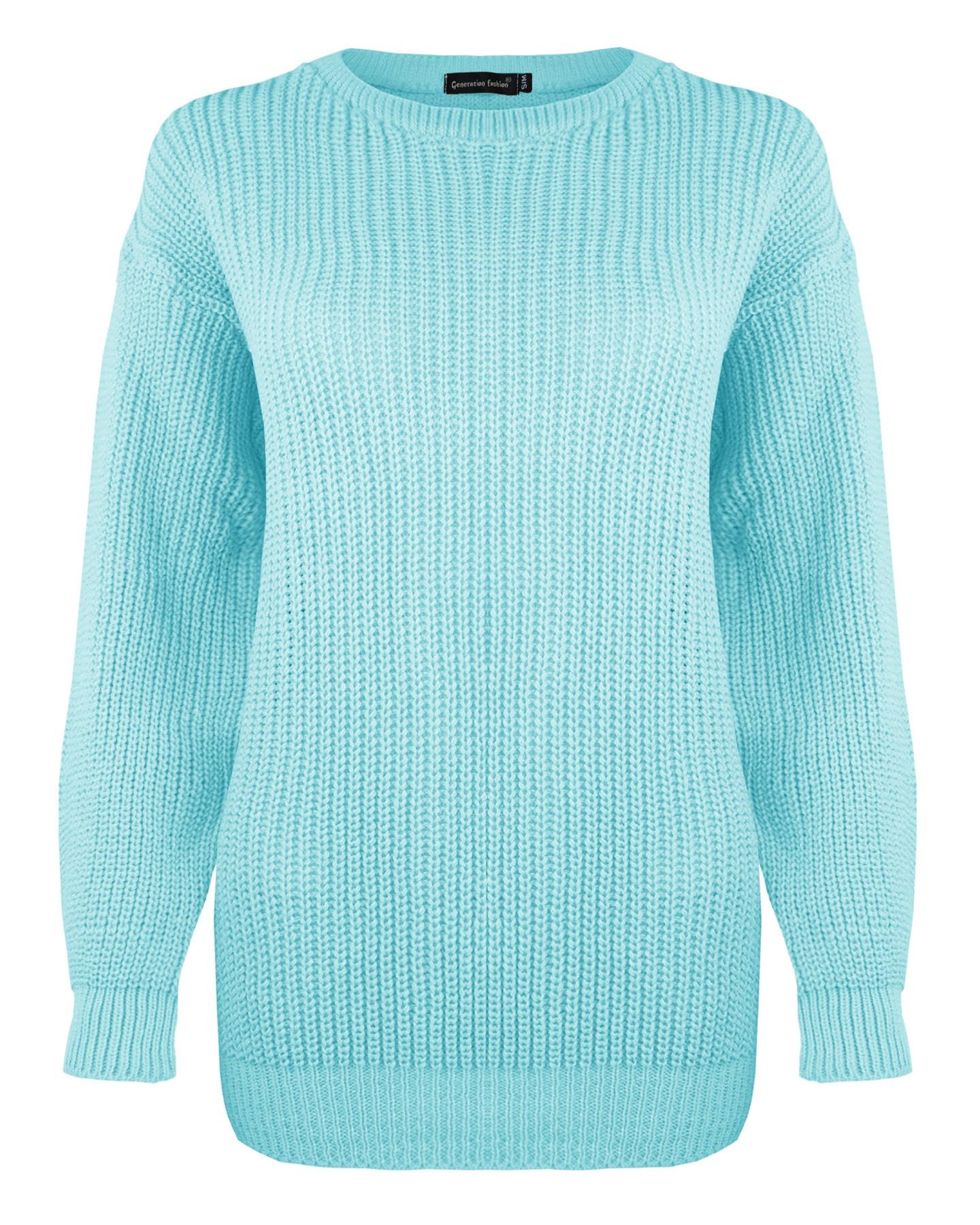 Generation Fashion New Ladies Women Oversized Long Sleeve Knitted Baggy Jumper Sweater Crew Neck Pullover Top[Aqua,LXL]