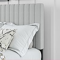 Vista 4 de Base de cama tamaño Queen, plataforma tapizada con cabecero ajustable, estructura resistente y listones de madera, silenciosa, no necesita somier