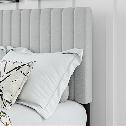 Miniatura 4 de Base de cama tamaño Queen, plataforma tapizada con cabecero ajustable, estructura resistente y listones de madera, silenciosa, no necesita somier,