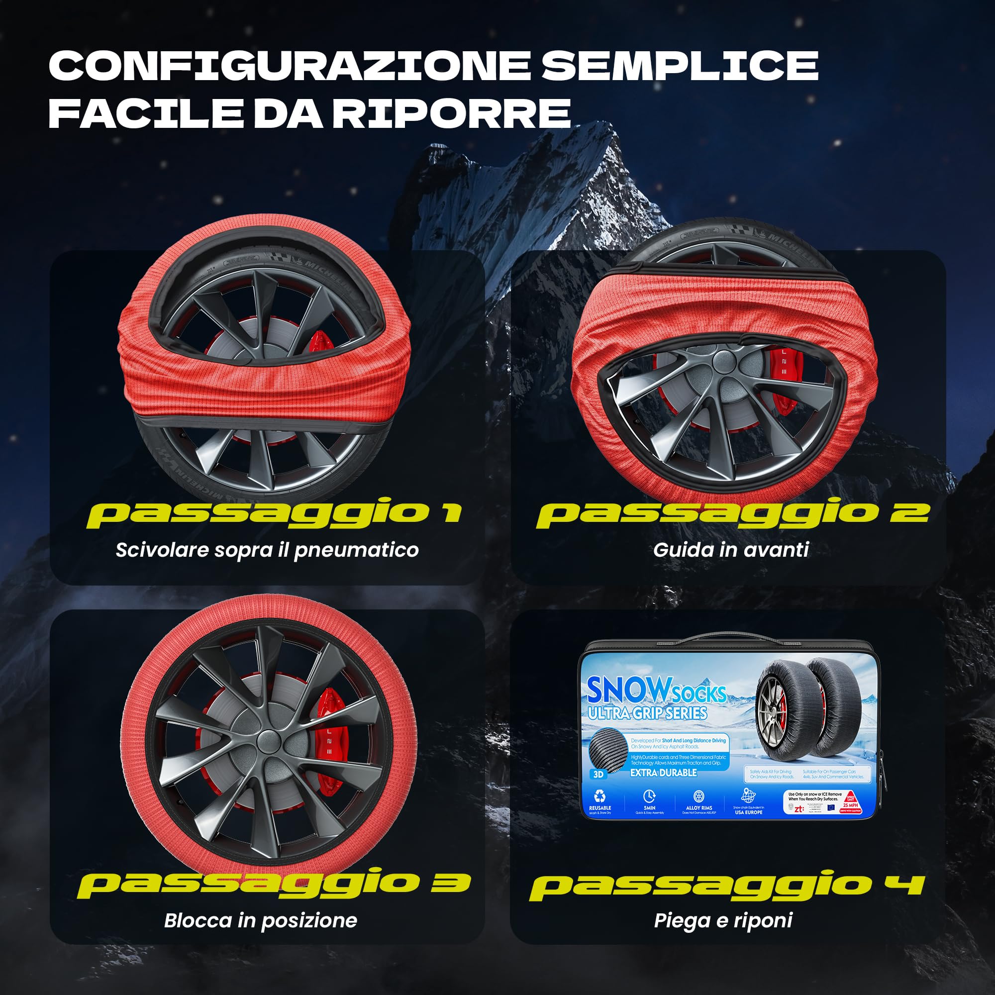 Calze da Neve Omologate Italia EN 16662-1 – Snow Sock, Set di 2 Catene da Neve in Tessuto per Auto, Catene Invernali per Auto, Rosso/Bianco (Rosso, XXL)
