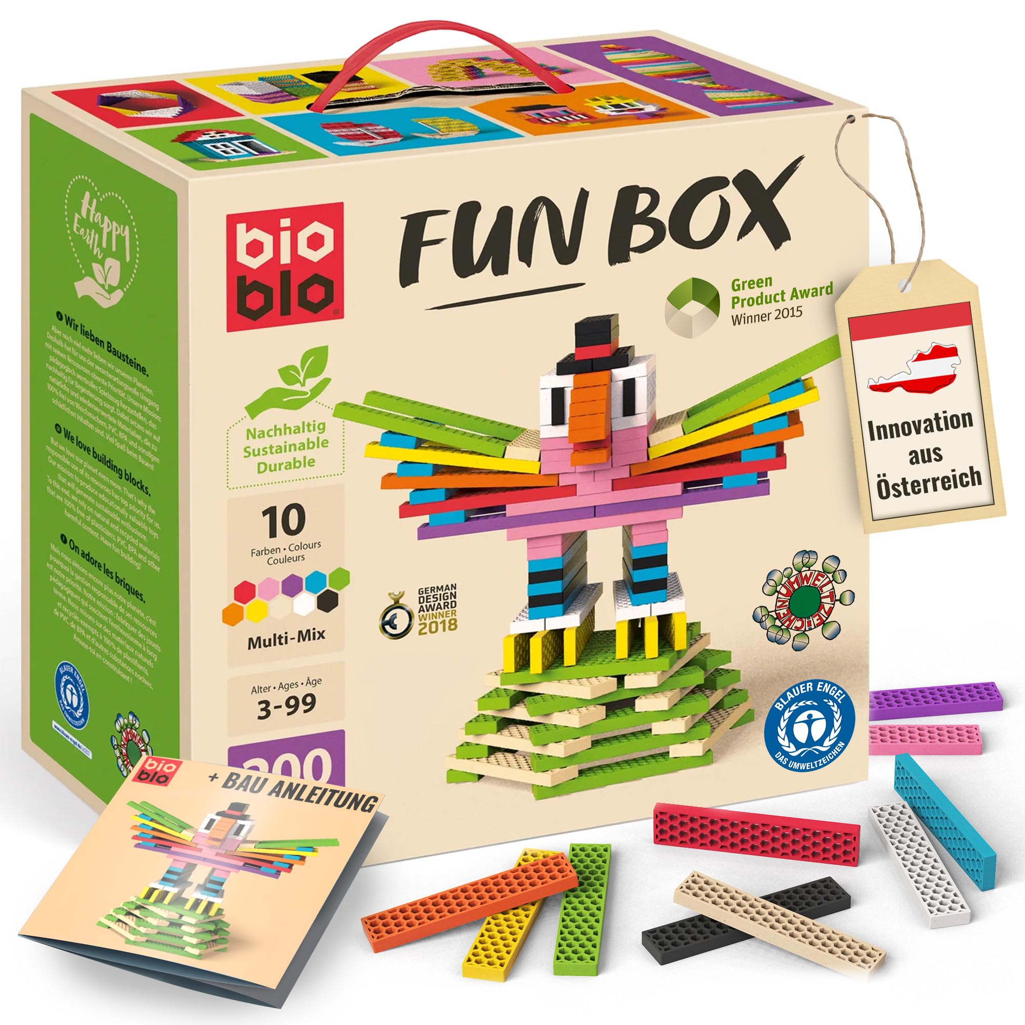 bioblo Sustainable Wooden Blocks Fun Box Multi Mix Pack of 200 | 100% Free from Plasticisers & Washable | No Staining or Chipping Due to Injection Moulding | Educational Toy 3 Years — image 1