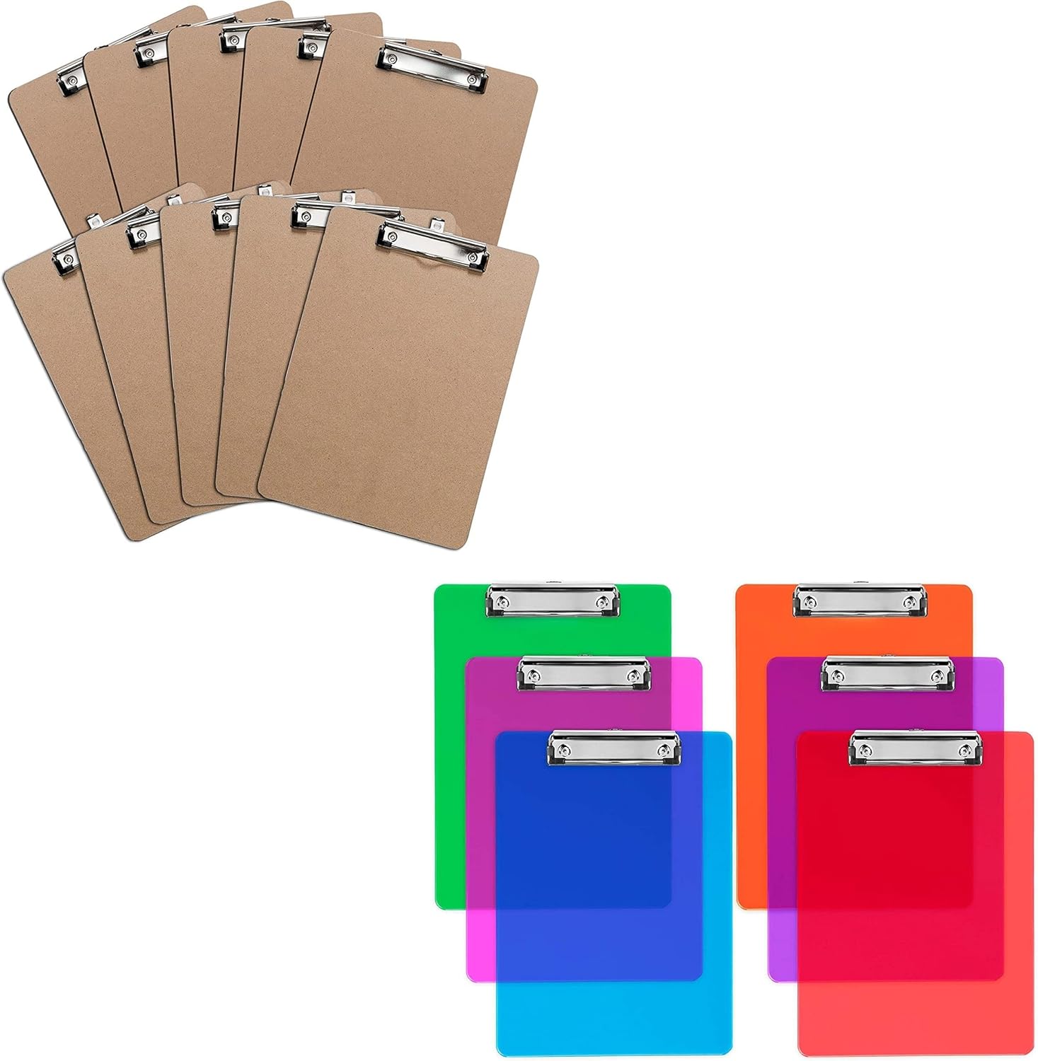 Bundle! Brown Standard A4 Letter Size Clipboards (Set of 10) + Assorted Colors 12.5'' x 9" Acrylic Clipboards (Set of 6)