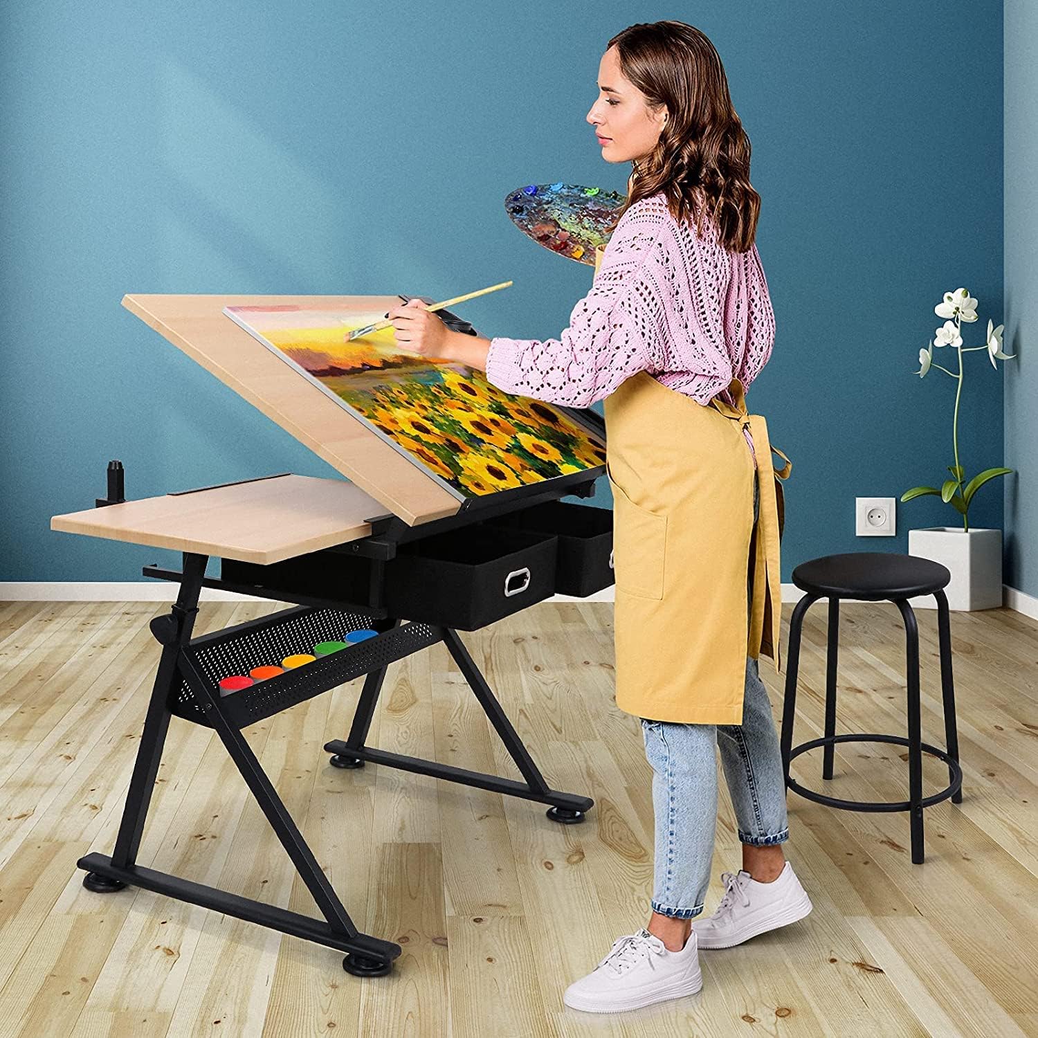 JupiterForce Drafting Table Art Desk with 2 Storage Drawers, Height Adjustable Drawing Table for Painters, Working, Writing, Home Office, Natural
