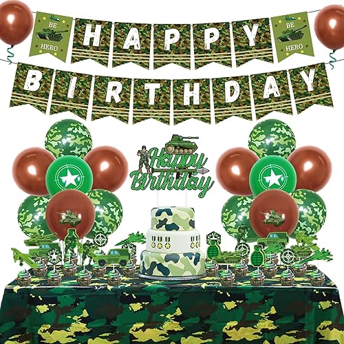 Decoraciones de fiesta de cumpleaños de camuflaje para niños, niñas y adultos, pancarta de camuflaje de feliz cumpleaños, mantel, globos de látex y