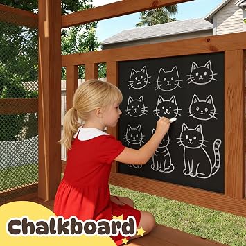Wooden Swing Sets for Backyard, Outdoor Playset,Green | Playground Sets with 6 FT Wave Slide, Play Deck, Rock Wall Ladder, 2 Belt Swings, Chalkboard, Canopy Roof