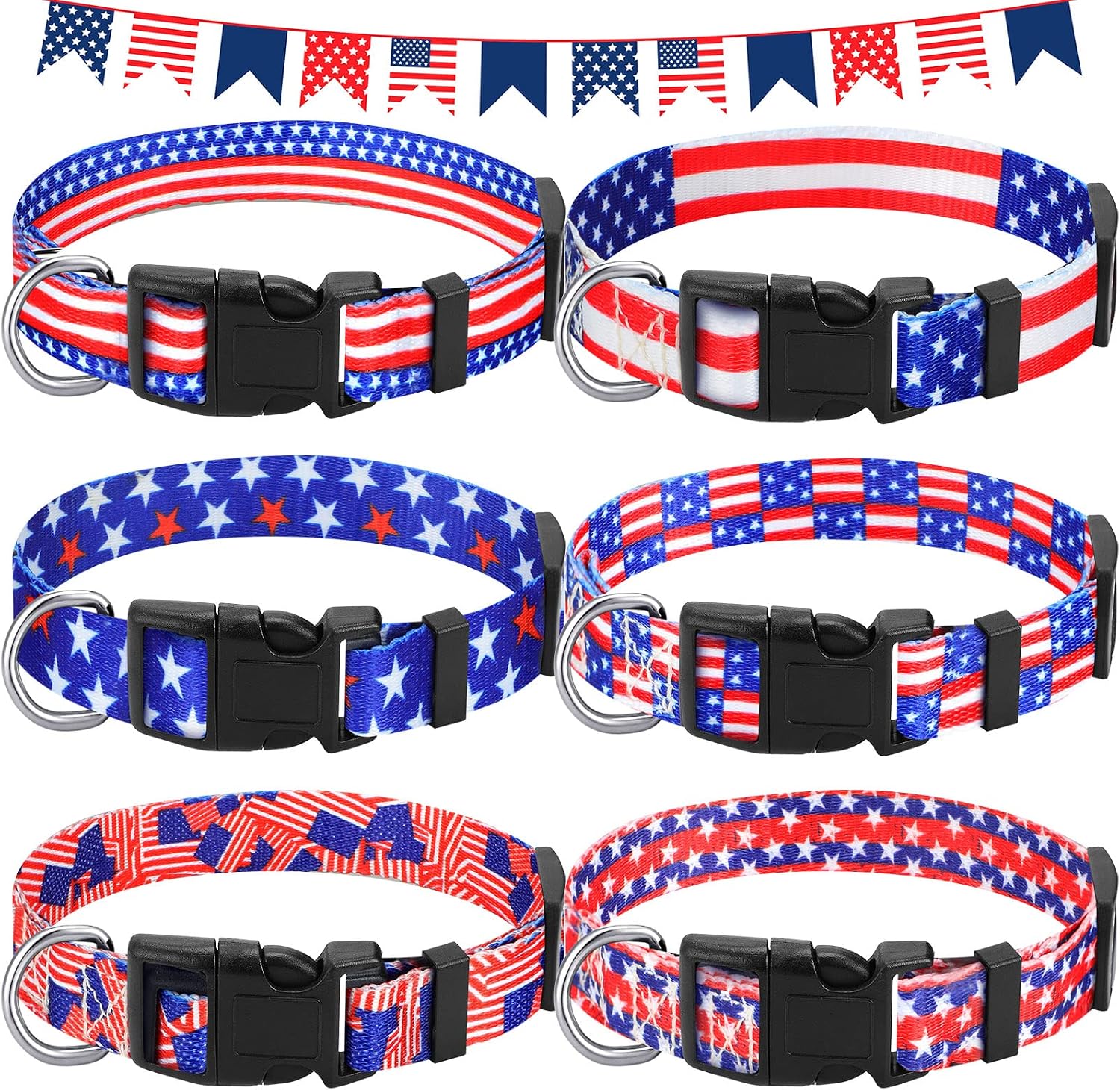 6 Pcs Independence Day Dog Collars American Flag Print Dog Collar Patriotic 4th of July Dog Collar Adjustable Funny Dog Collar Themed…