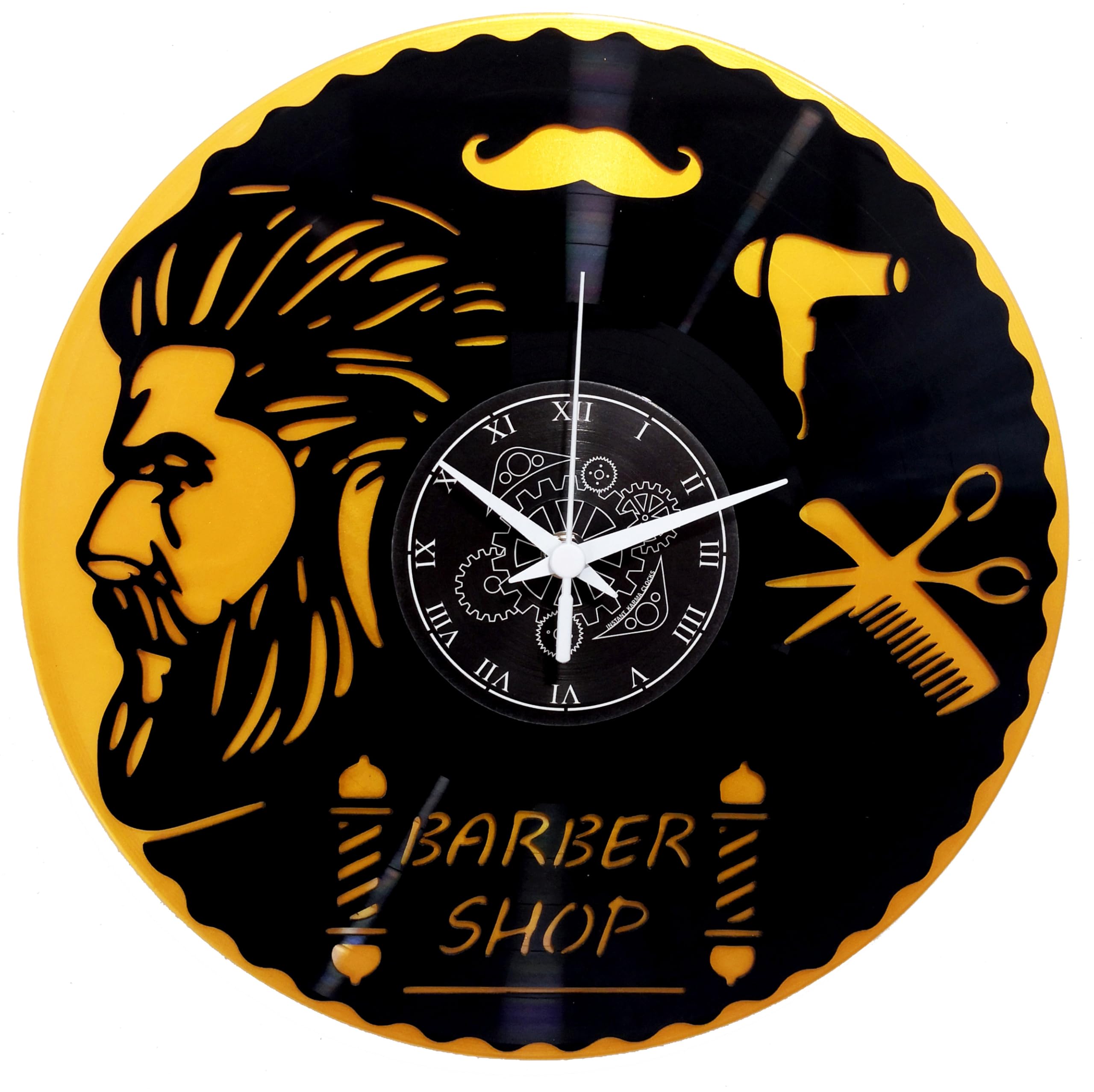 Instant Karma Clocks | Wall Clock | Barber Shop | Hair Salon | Hairdresser Stylist (Black And Gold B3)