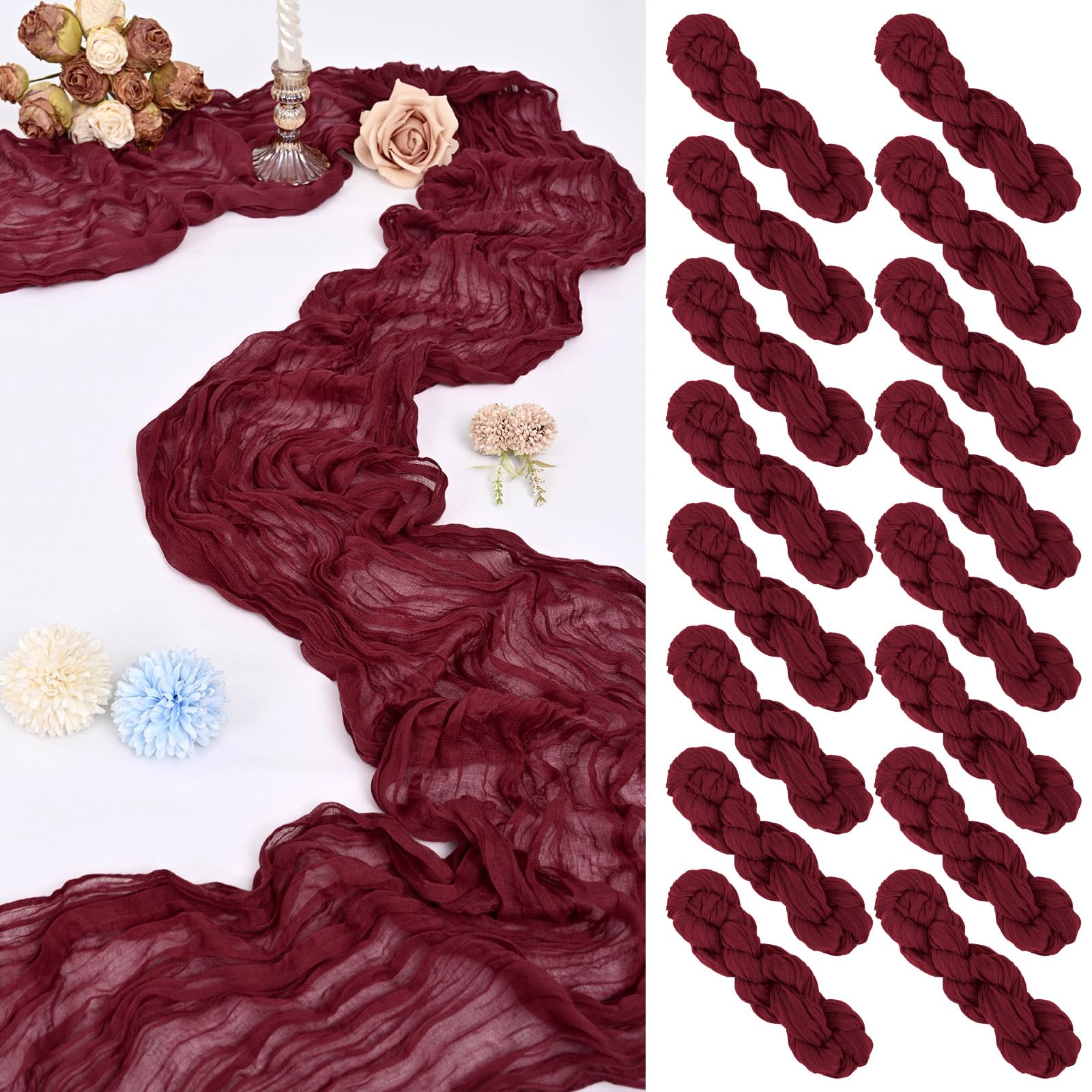 Photo 1 of 16 Pack 10Ft Cheesecloth Table Runner Burgundy, 20 x 120 Inch Rustic Gauze Boho Cheese Cloth Table Runners Wedding Long Table Runner for Wedding Party Bridal Shower Table Decoration