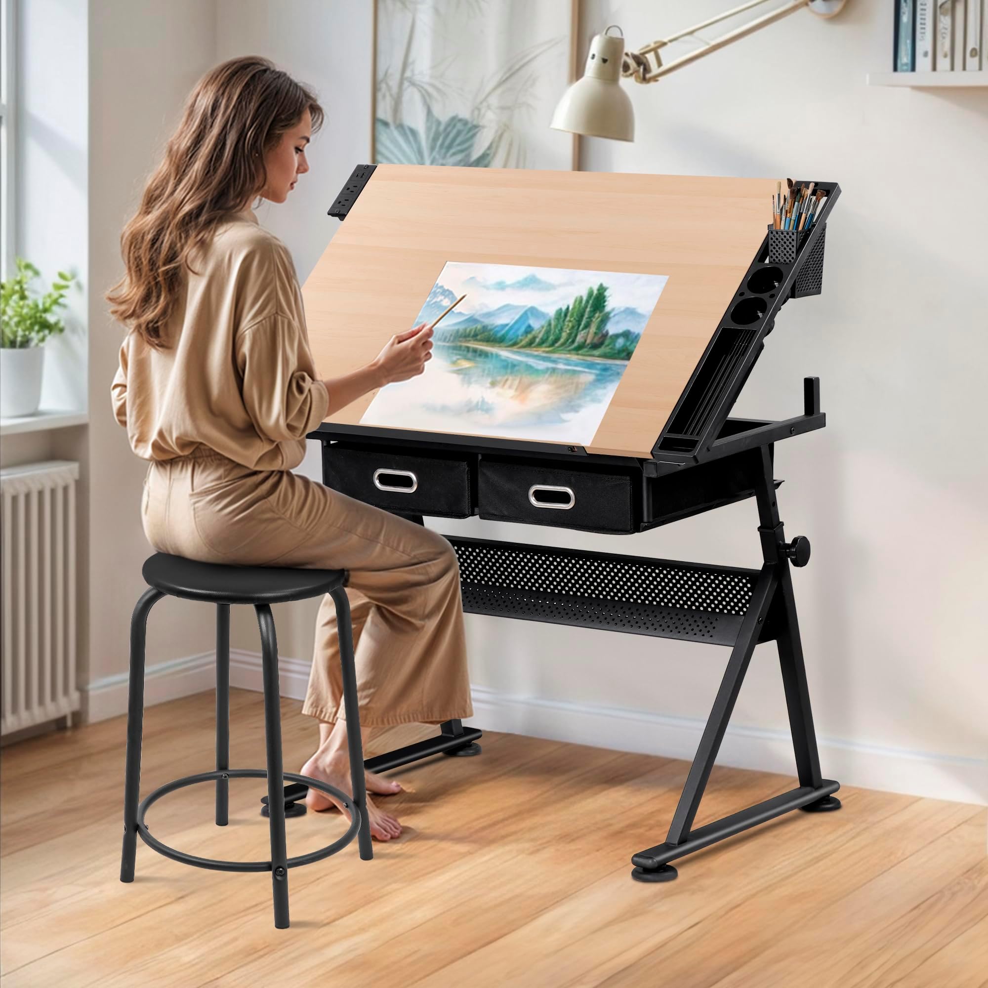 Drafting Table Drawing Desk w/Power Outlet, Art&Craft Work Station Height Adjustable Tilting Tabletop Craft Table Desk w/Stool and 2 Storage Drawers for Home Office, Natural